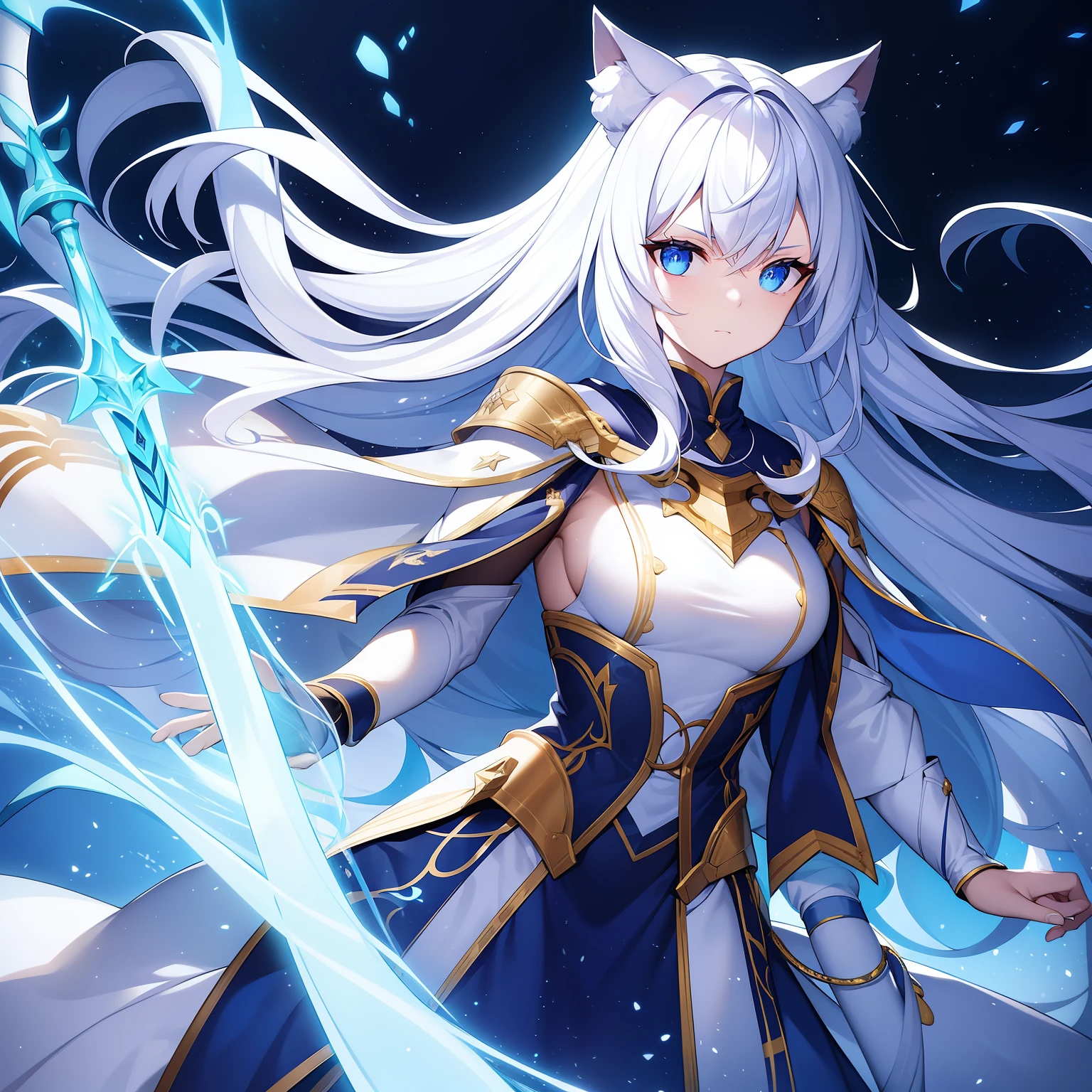 cat ear,hair is white and long,Wearing gold goggles on his head, Is pale skinned, She enveloped me like a snake in the interstellar wind,Unleash the Blade of Light, Highest Quality, Carrying a blue cloak with war maiden decoration,Raising the Sword of the Brave, ((sad))((Scared)), 8 Blue Light Sword,Blade of Light,Lens Flare, Big rainbow,The moon shines,Star chips, bloom, ((light glow)), chromatic abberation], Digital Painting, Insane details, Intricate details, Beautifully color graded, Unreal Engine, Cinematic , colour grading, Editorial Photography , Photography, Photo Shot, Shot on 70mm lens, depth of fields, degrees of freedom, Tilt Blur, Shutter Speed 1/1000, h/22