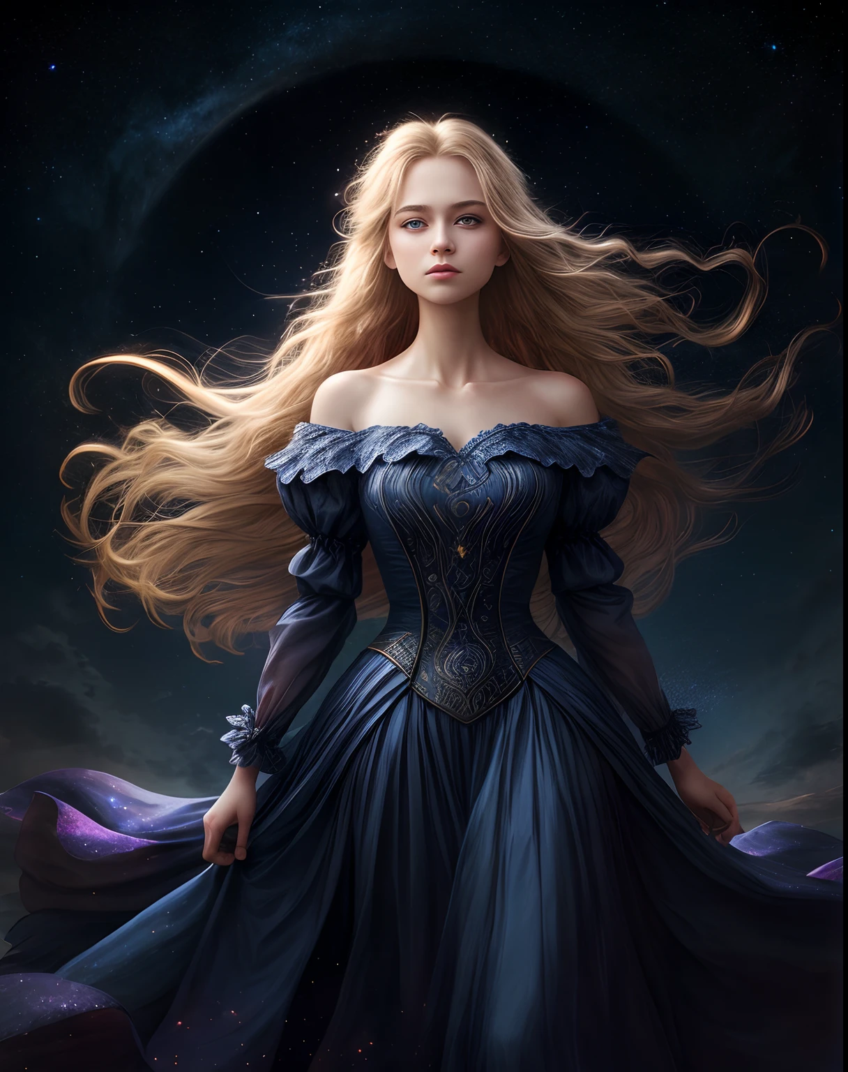 (best quality, masterpiece), young woman, pose, particle, wind, flower, upper body, night eclipse background, looking at viewer, long straight windblown blonde hair, detailded blue eyes, medieval princess blue dress, galaxy, backlit, rimlight, beautiful artwork, perfect composition