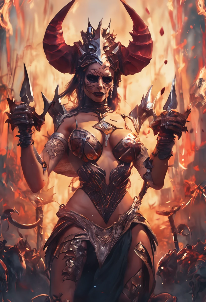 (low angle view:1.5), (corpo inteiro:1.5),1 Mulher sexy Demon Warrior, skull, Armadura preta, (segurando uma espada flamejante:1.4), Crown of the horns of the skeletal ram, Sapatos de Chama, Dynamic Digital Painting, (Bokeh:1.5),Epic composition, melhore a qualidade do rosto