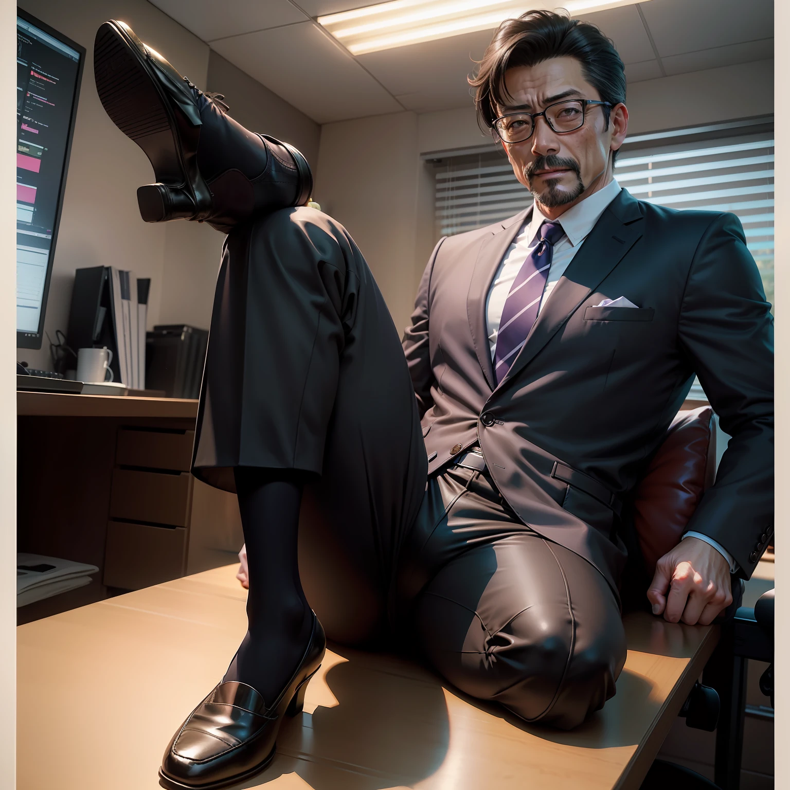age 55，Kogoro Mouri，uncle，Tong，Bulge，Sitting in the office，Black short stockings，Slip shoes，lbeard，fortitude，k hd，artwork of a，an look of enjoyment，is shy，opening legs，wear suit，The crotch is raised，God perspective，There is milk running down the pants。