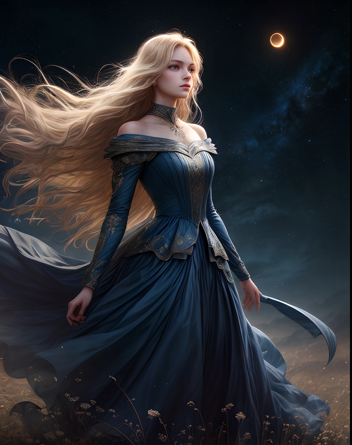 (best quality, masterpiece), young woman, pose, particle, wind, flower, upper body, night eclipse background, looking at viewer, long straight windblown blonde hair, detailded blue eyes, medieval princess blue dress, galaxy, backlit, rimlight, beautiful artwork, perfect composition