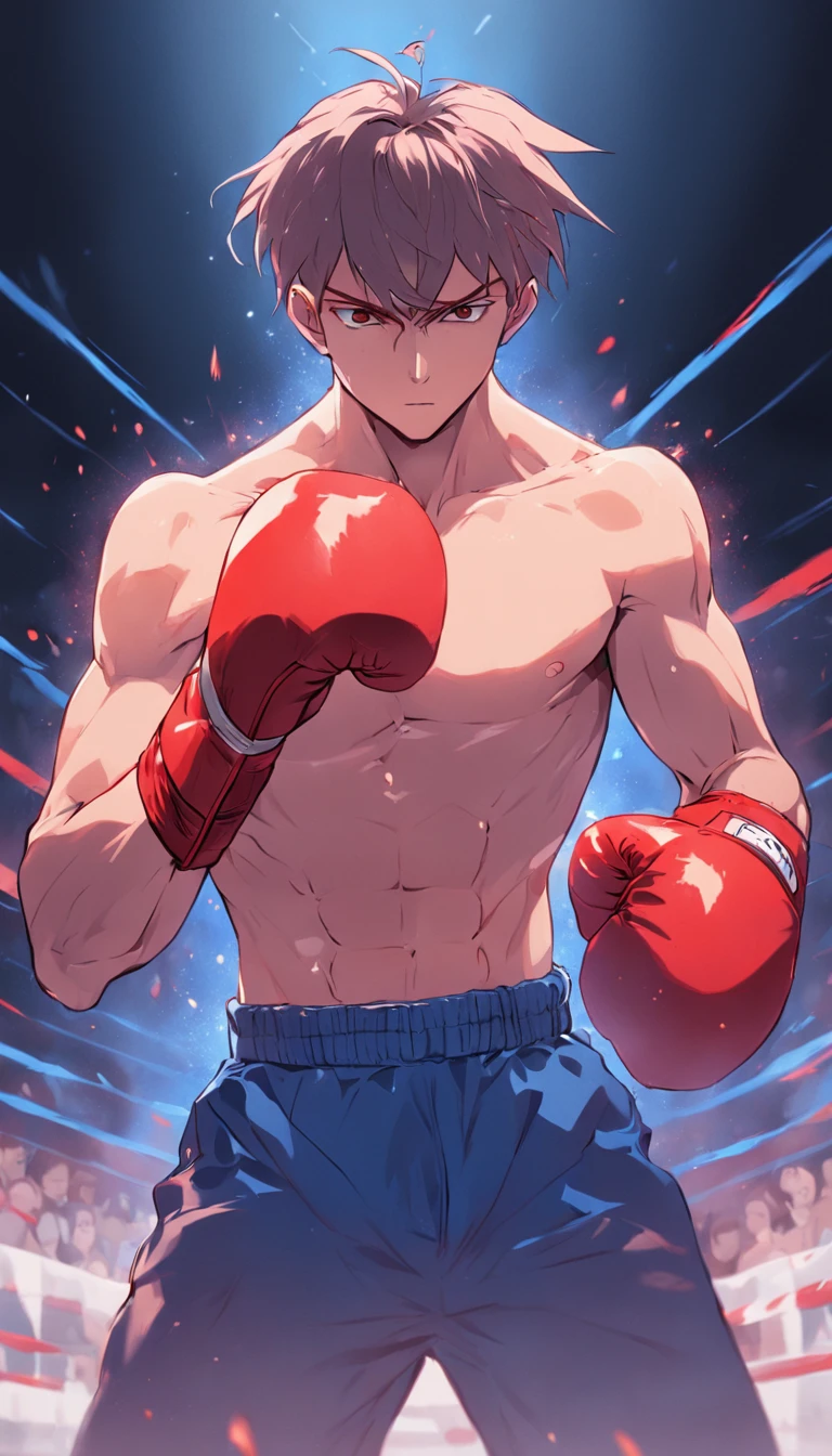 fighting game character, Young boxer boy, Boxing stance, , Big boxing gloves, blonde, topless, 2D Concept Art, Grin
