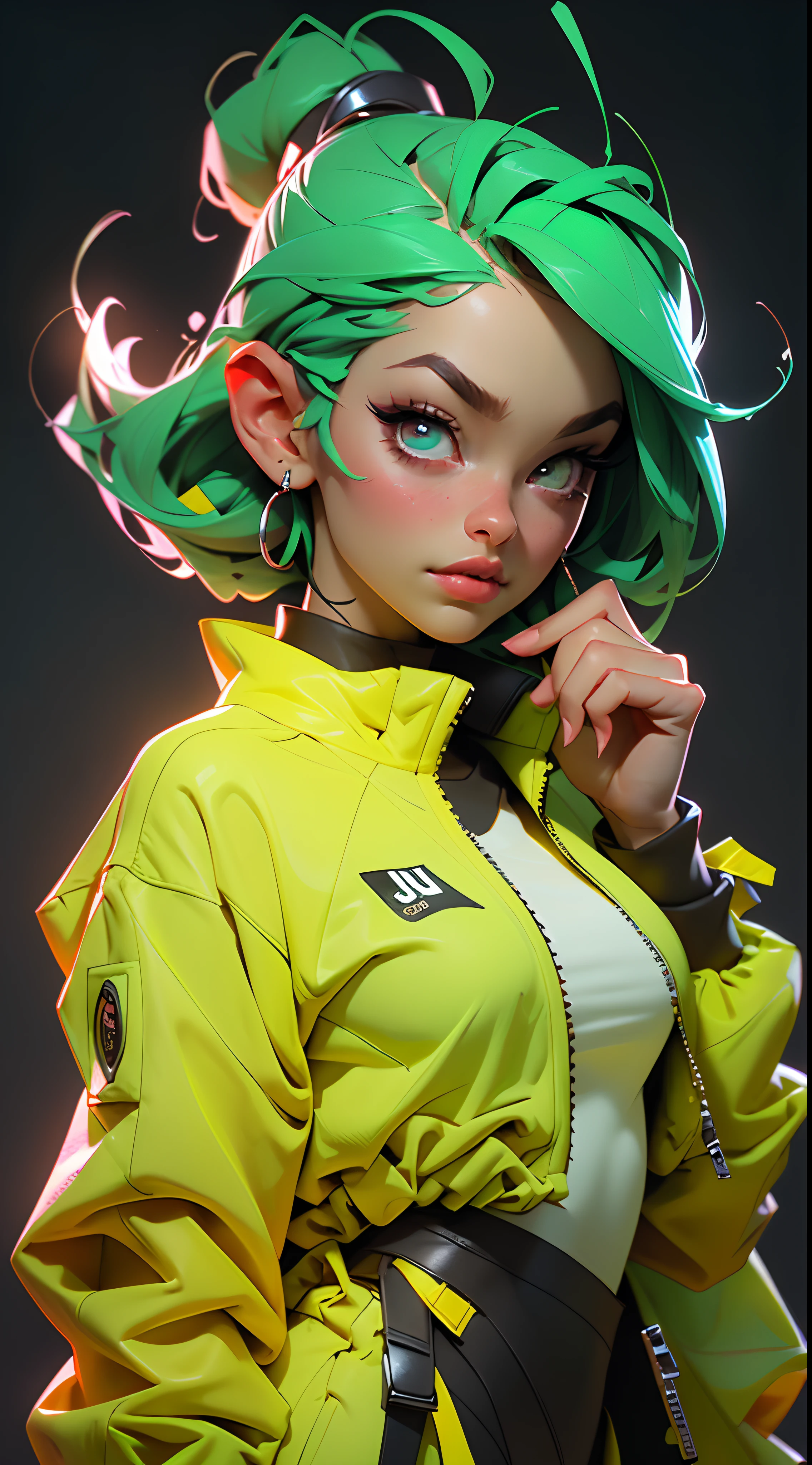 ((melhor qualidade)), ((obra prima)), ((realista)) e fotografia ultra-detalhada de uma garota nerd fofa com fones de ouvido neon, Ela tem ((cabelo rosa)), He wears a jacket of orange technical clothing and exudes an atmosphere ((Beautiful and Aesthetic)) (seios grandes), (erigir, sexy, Olhos muito bonitos, Circunstanciado, olhos verdes brilhantes.
