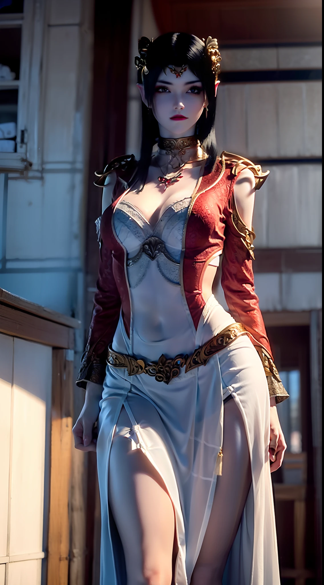 (masterpiece, best quality), 1girl, <lora:alkaid-nvwls-v1:0.8> alkaid, antenna hair, black crop top, sleeveless, cleavage, gauntlets, black pants, clothes around waist, white overskirt, arm tattoo