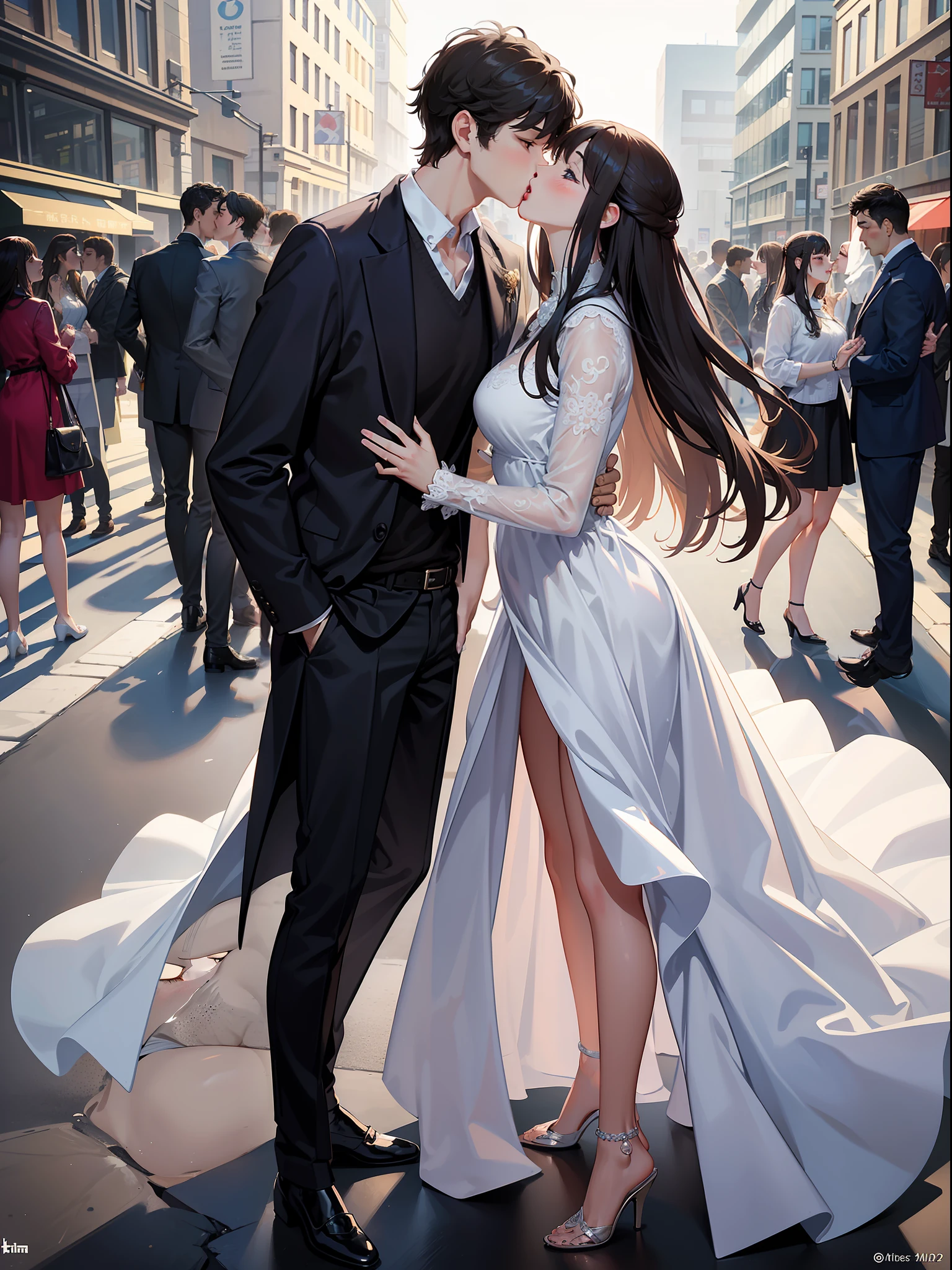 Masterpiece, Best quality,form side, 2others, couples, (1man & 1female), mature, Adult, Height difference, Different fashions, different colors, finely detailed eyes and detailed face, Intricate details, Casual clothes, Blouse with super big, Modern urban street, hugs,(face to face)(kiss:1.7), cheerfulness, Love,blissful