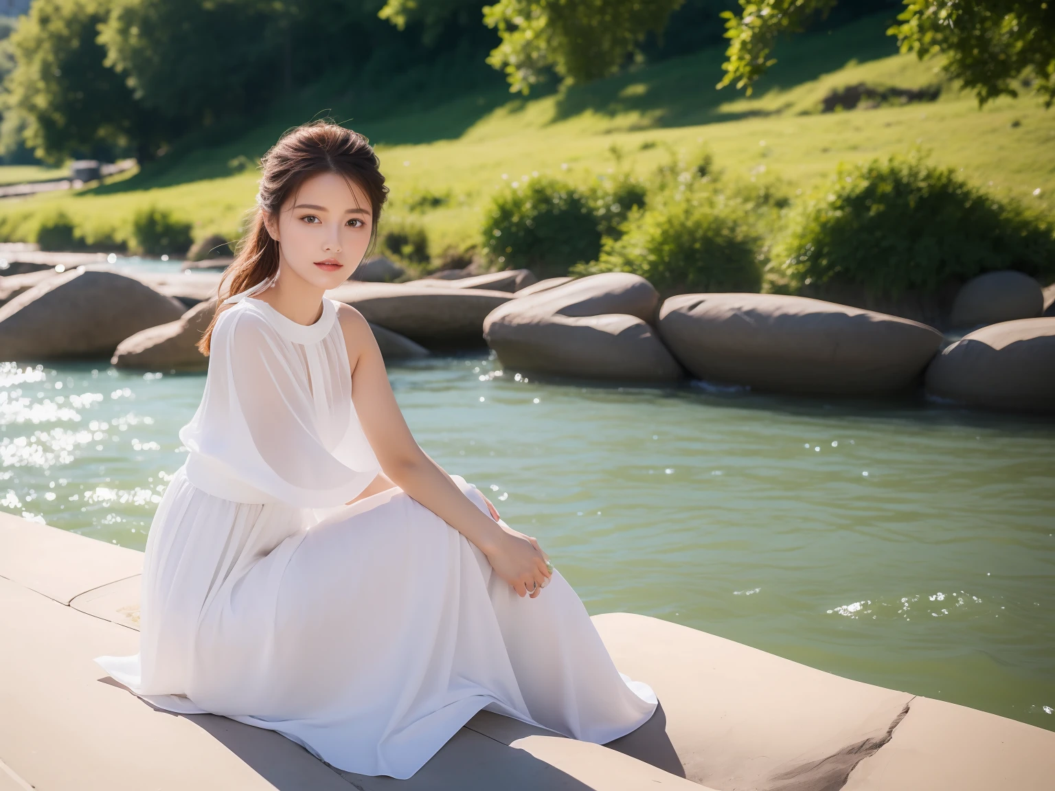 High quality,1 beautiful woman,Sit by the river and take pictures