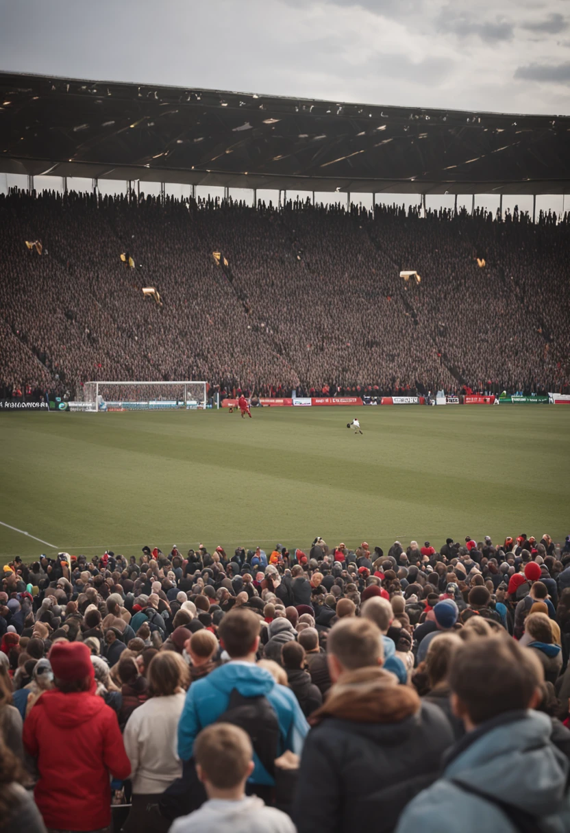 Arafed Stadium full of people watching a football game, a photo by Tom Wänerstrand, Reddit, acontecimento, very epic atmosphere, epic stunning atmosphere, the stadium has a full crowd, atmosfera real, atmosfera deslumbrante, atmosfera deslumbrante, the atmosphere is cheerful, magical ambiance, stadium full of people, epic atmosphere, great atmosphere, 🚿🗝📝