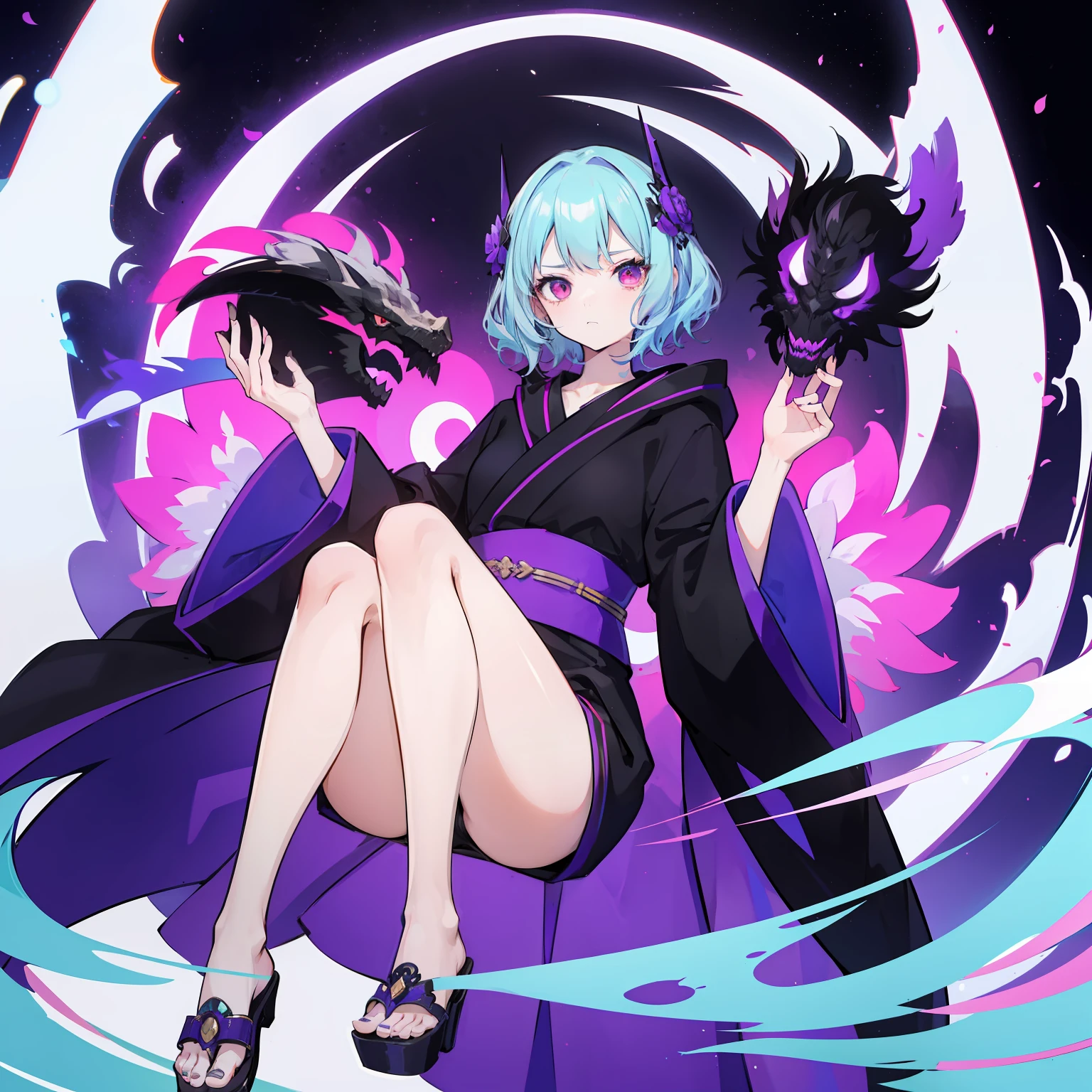 masutepiece, Fine details, 4K, 8K, 12K, Solo, 1 person, Beautiful Girl, caucasian female, 15 years old, 149 cm, Light blue hair, Short hair, Wavy Hair, Red Eyes, Black costume、black robes, Long sleeves, Wide sleeves, long hem, long hem、I can't see my knees、Black hood、Full body black、Purple effect、Dragon effect