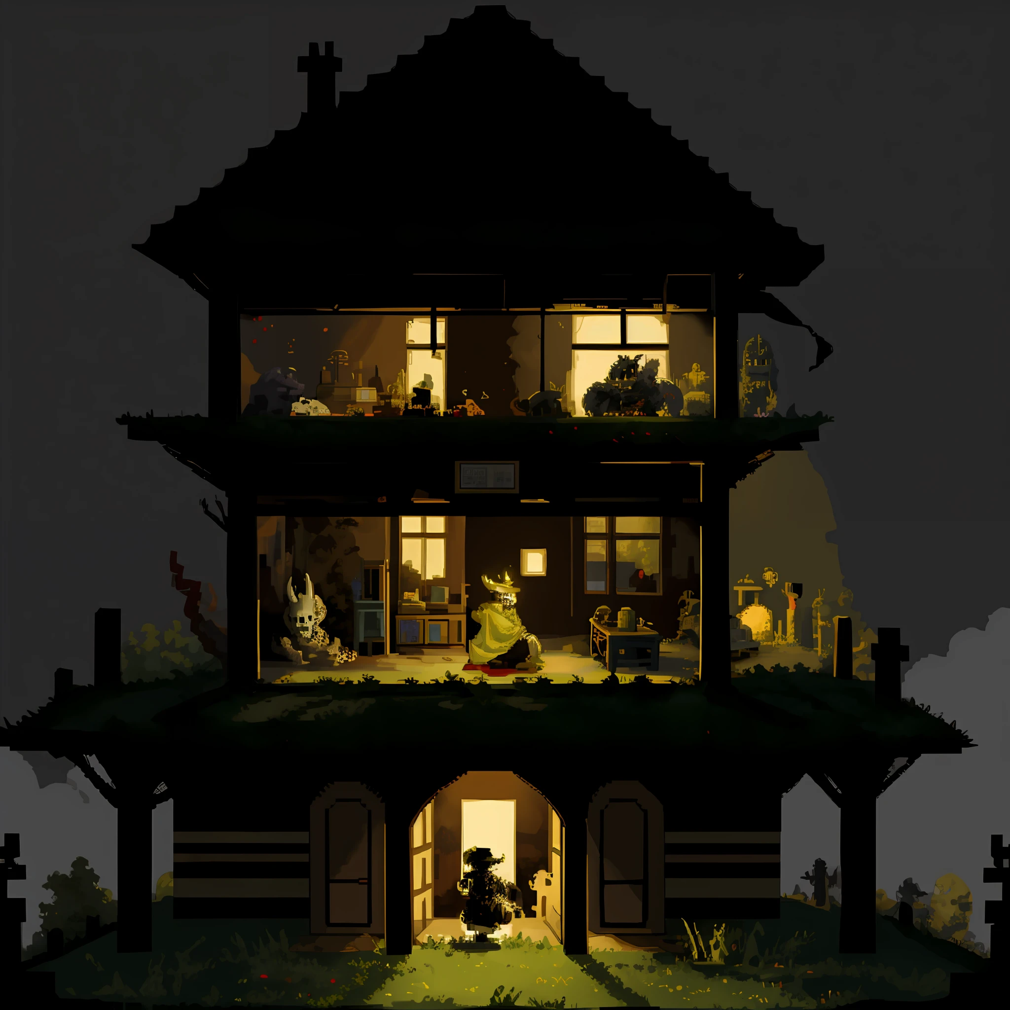 highres, masterpiece, humanoid Spooky creatures, diorama, pixel art, quarter view,