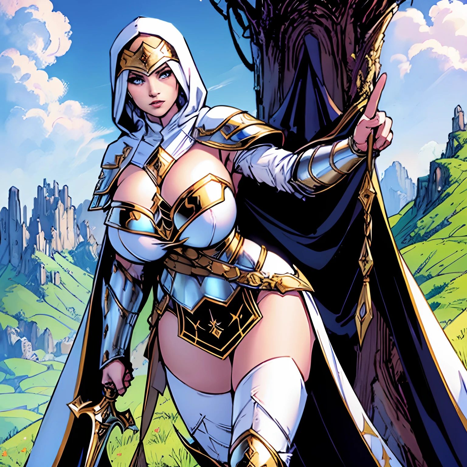 (masterpiece, top quality, best quality, official art, beautiful and aesthetic:1.2), (1girl:1.3), light freckles, fair skin, extremely detailed, portrait, looking at viewer, solo, (full body:0.6), detailed background, close up, (warm grasslands theme:1.1), holy paladin knight, charlatan, smirk, mysterious, swaying in mountains, skimpy attire, ornate white and gold armor, cowl, nun hood, wimple, cowl, breastplate, tabard, gorget, hood, pauldrons, greaves, armored, long boots, longsword, shield, cape, cloak, white fabric, pale leather, ((((gigantic breasts)))), slim waist, slim hips, long legs, medieval (mountain exterior:1.1) background, dark mysterious lighting, shadows, magical atmosphere, dutch angle,
