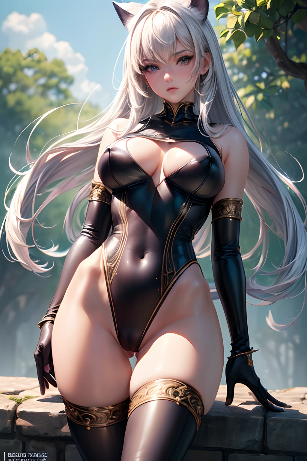 ((Best Quality, 8K, ultra-detailed, Masterpiece: 1.3)), 1girl, shiny skin, sharp, Perfect Body Beauty, realistic shaded perfect body, ("leotard, fantasy,transparent pussy ":1.2), ("kneehighs":1.1),fantasy costume,big_breasts ,(dynamic pose:1.1), thigh ,fantastical