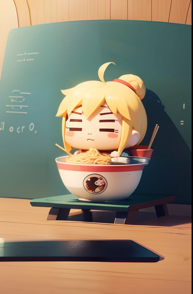 Cartoon character eating ramen,Cute characters, high quality character design,interesting character design, character illustration of a,The main body is a cartoon character,quadratic element,flags,cartoon character,Hand-drawn simple lines,Brand IP image,Sit Pose,Sit in a chair,Ramen is on the table
