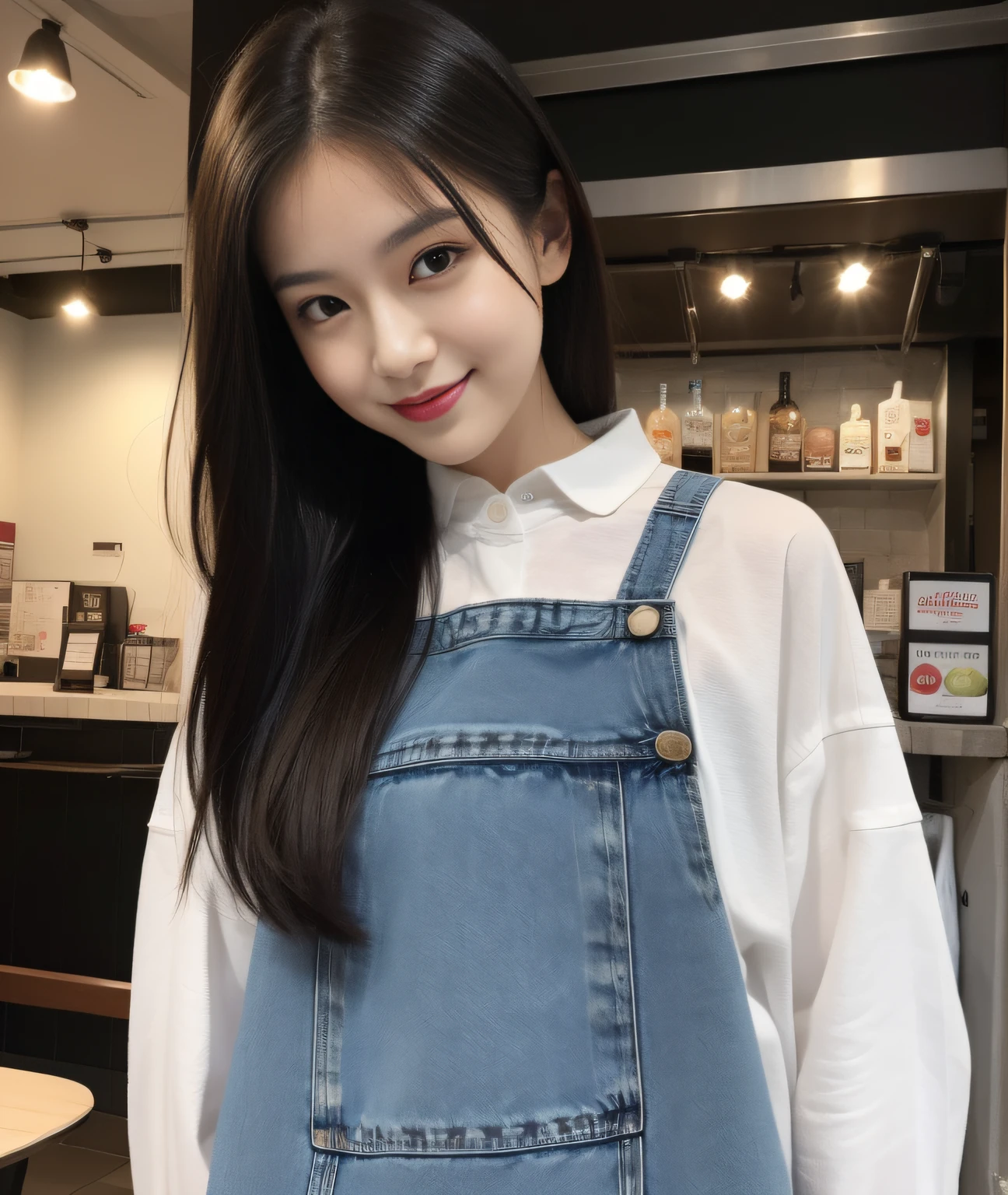 ((Best Quality, 8K, Masterpiece: 1.3)), a beauti, In addition, melon face, Friendly and cute, sweet smile, Pure desire, Slender body, (s whole body), (tilted head), ((looking at camera)), Medium Black Silky Straight Hair, Long flowing shoulders, round black big eyes, clear big eyes, moist red lips, Cafe shop background, ((full body shooting)), ( Oversized casual shirt, denim pants )