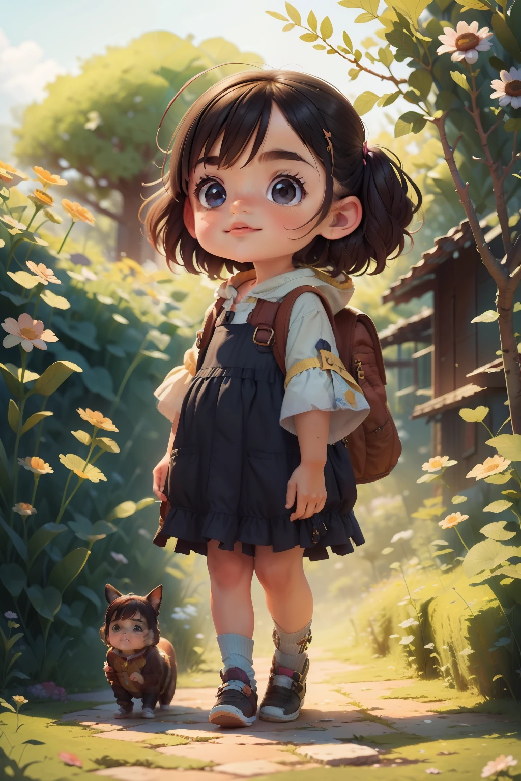 A very charming little girl with a backpack and her cute little dog enjoying a cute spring excursion surrounded by beautiful yellow flowers and nature. The illustration is a high-definition illustration in 4K resolution with highly detailed facial features and cartoon-style visuals