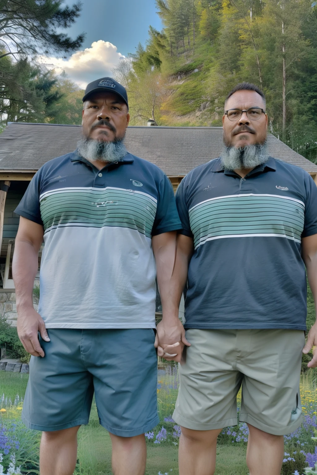 guttonerdvision12,Two robust middle-aged men with lumberjack-style beards stand proudly, dressed in plaid shirts, worn denim shorts, and sturdy hiking boots. Between them stands a child, clad in a simple t-shirt and shorts, holding both hands. They find themselves amidst a picturesque field of vibrant flowers, the foreground awash with a sea of colors. Lush green grass complements the idyllic setting. In the background, a wooden house with a porch is gently blurred, enhancing the focus on the three figures in the foreground. The scene radiates warmth and a sense of camaraderie, capturing a moment of unity and togetherness. The entire composition is intricately detailed, with a level of precision that breathes life into every aspect. Rendered in stunning 8K Ultra High Definition (UHD), this scene allows you to immerse yourself in the rich textures, colors, and emotions. The attention to detail is heightened to create a hyper-realistic experience.