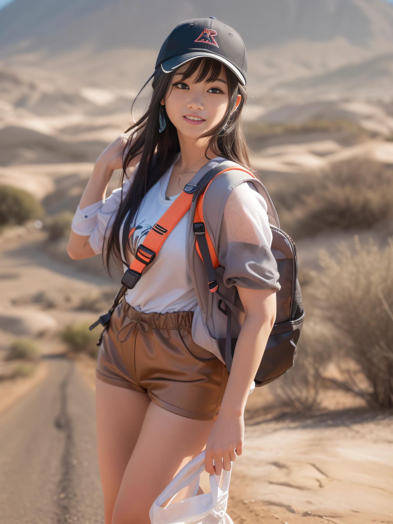 Female 1、Wild cute beautiful girl、20yr old、(Sporty fashion)、(((muscular body type)))、big butts、(Muscular legs)、Walking on the road、(((Hitchhiking across the United States)))、Beautiful face, eyes and skin with exquisite detail、fine black hair、(Sweaty glowing skin)、(cleavage of the breast)、Ponytail Baseball Cap、(Smile at the camera)、(skin tanned)、profetional lighting、BREAK、(realisitic、Photorealsitic:1.37)、8K、(((Hike in one backpack for a break in desert Oasichi)))、(masterpiece)、(top-quality:1.4)、 (超A high resolution:1.2)、(Raw photography:1.2)、perfect anatomia、4 fingers and 1 thumb、Ultra detailed backgrounds、(Wallpapers by Unity 8K)