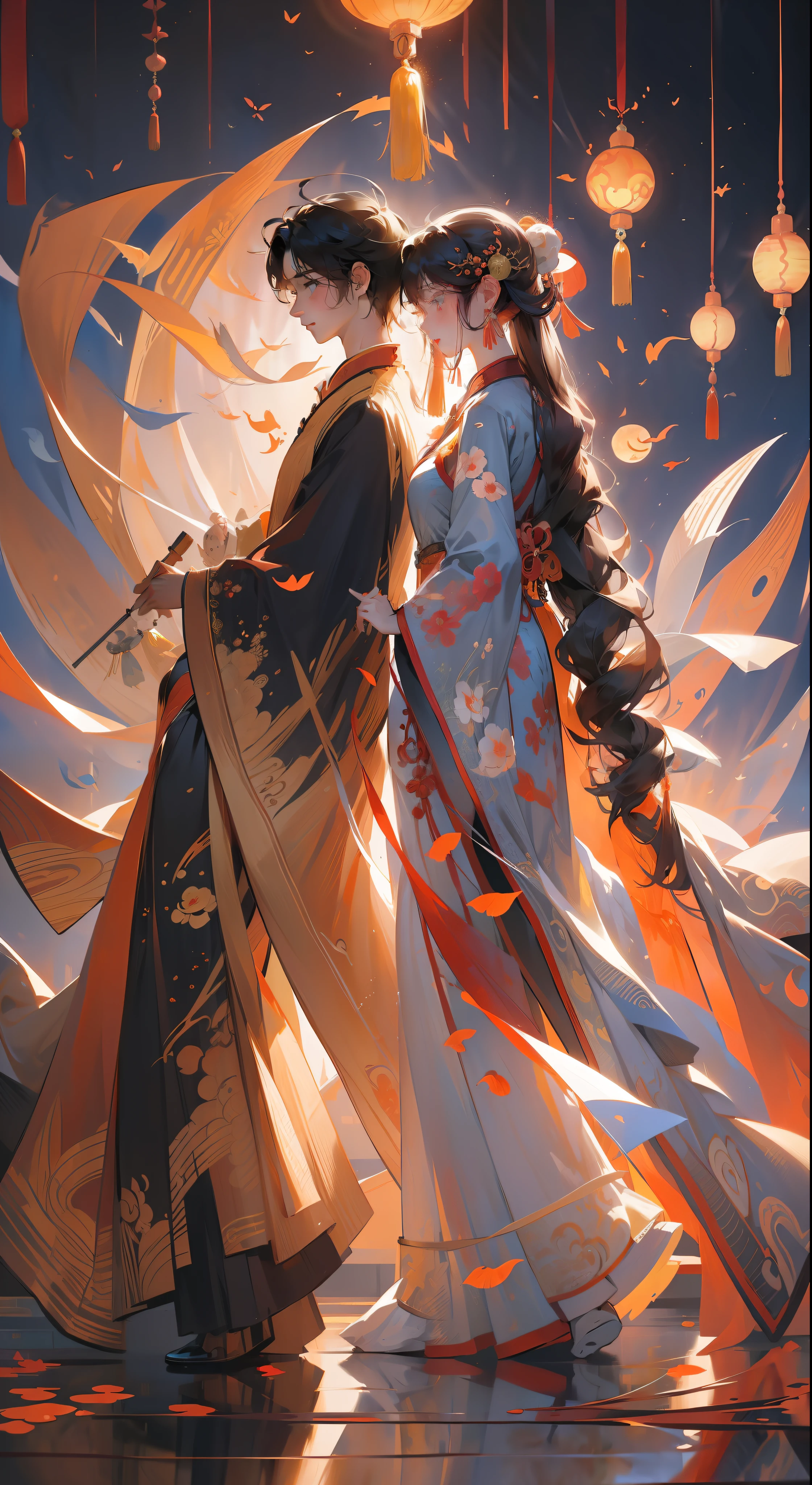 A Chinese couple,China Tanabata, Mid-Autumn Festival, Amy Sol style, With a cover art of light abstraction, Simple vector art,Contemporary Chinese art,Gradient of color,Soft color palette,layered forms, Whimsical animation,Style Ethereal abstract --ar 3:4 --niji 5 -