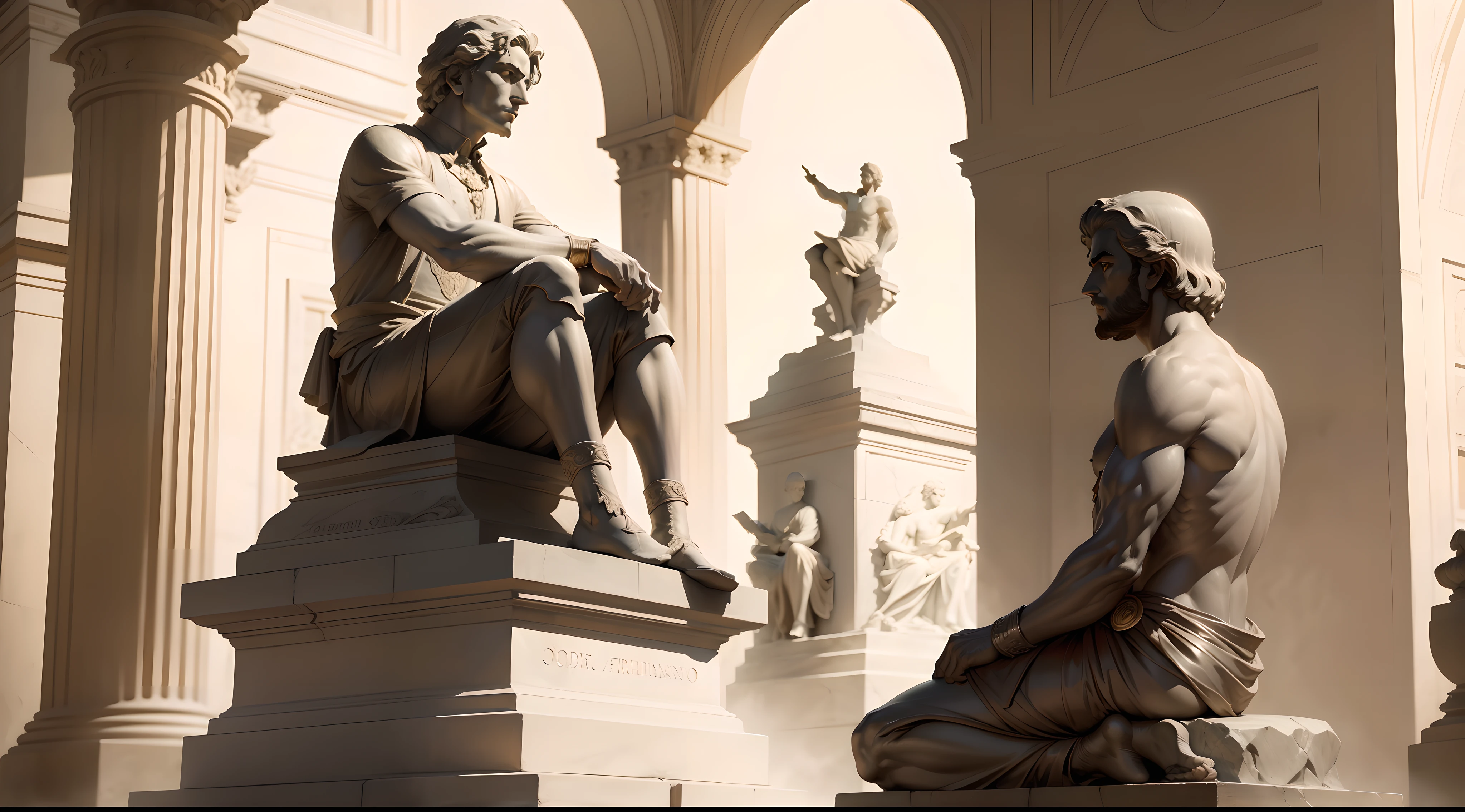 Statue of David listening to music with headphones, michalenglo style