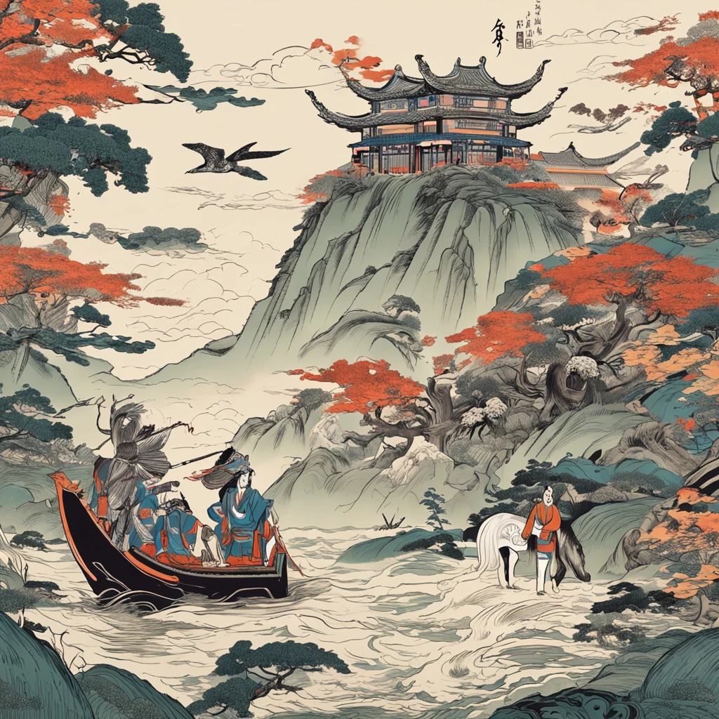 Mountain and Sea Lark Scroll,There are mountains and rivers in the picture、rios、grassy fields、Sun,Shirasawa、Unicorn、fenghuang、Many ancient divine beasts such as Qingqi appeared in the picture,Epic composition,shadowing,National style