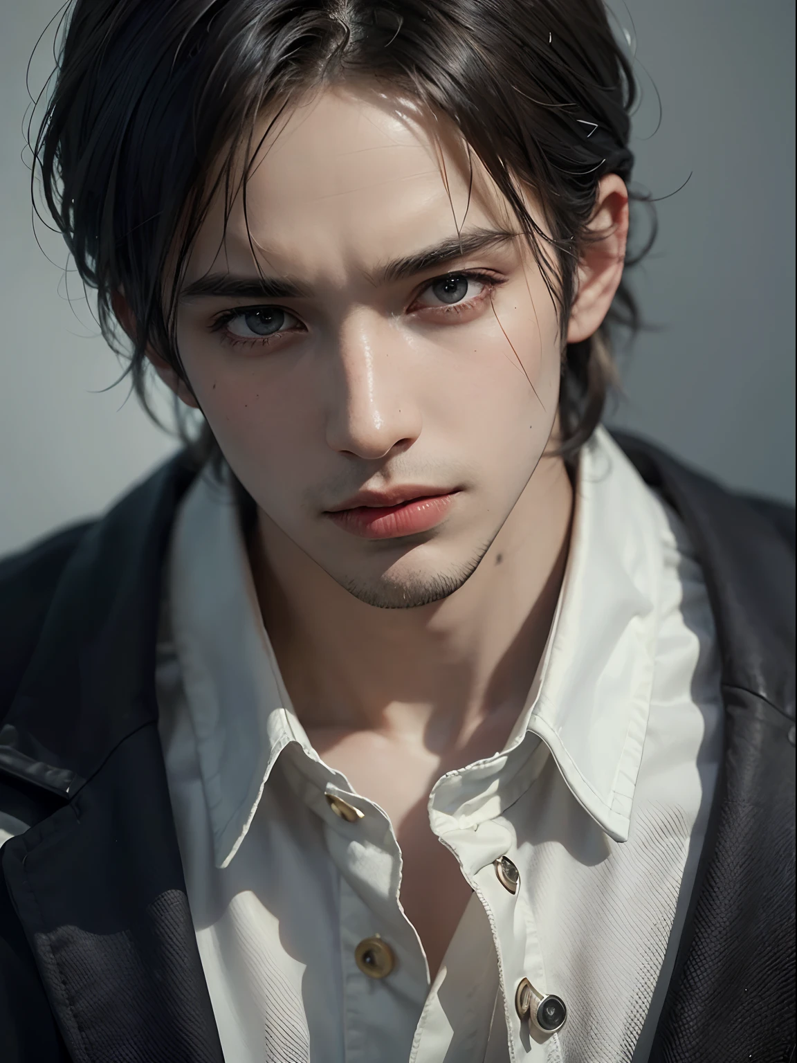 1man, stern and handsome young man, solo focus, adult, young adult face, short black hair, black vest and white shirt, realistic, dynamic pose realistic, detailed and correct facial structure, LEON S. KENNEDY, handsome, attractive, slightly muscular, cinematic lighting, unreal engine, trending on ArtStation, intricate details, masterpiece, best quality, by Irakli Nadar, Greg Rutkowski,(((best quality))),(((ultra detailed))),(((masterpiece)))