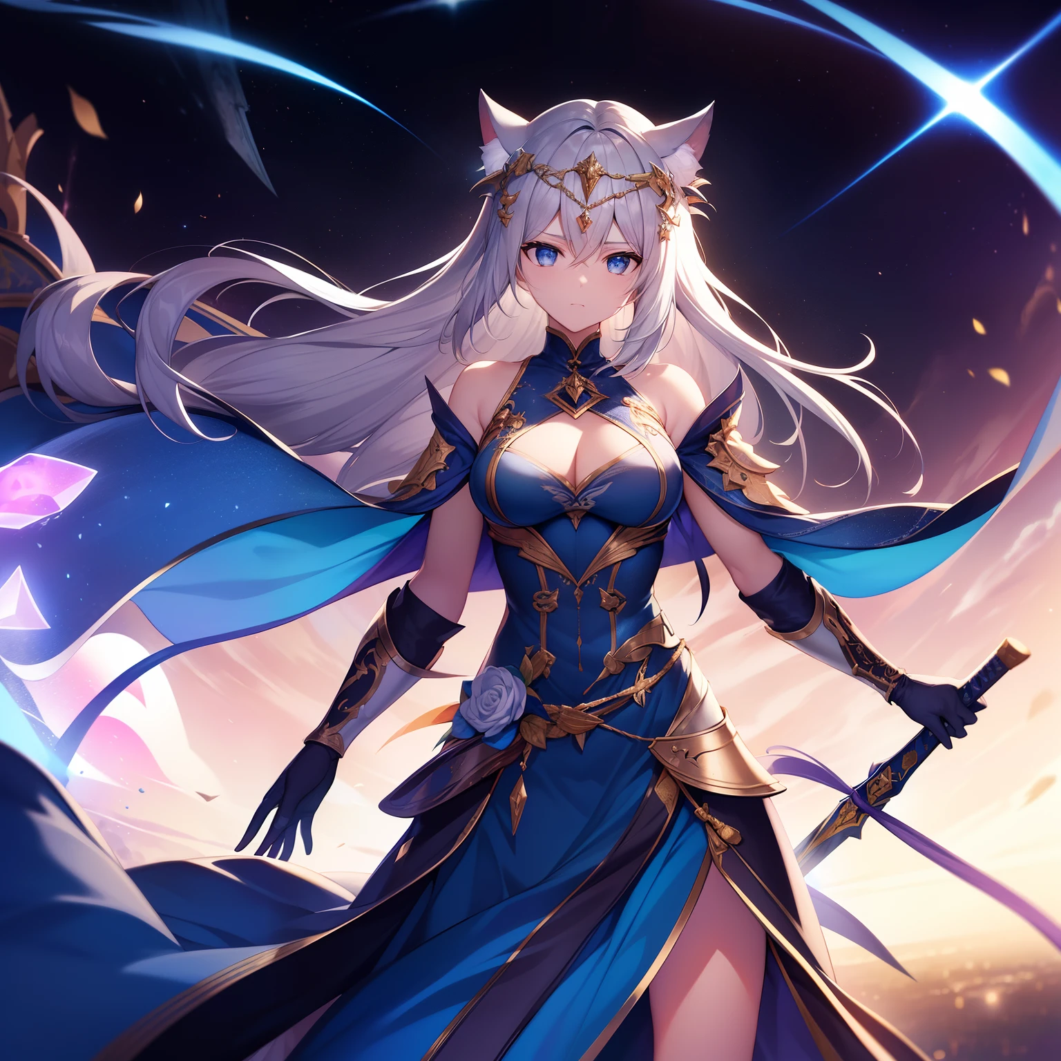 cat ear,hair is white and long,Wearing a gold helmet on his head, the skin is pale, The blade of light envelops me like a serpent in an interstellar wind, Highest Quality, Decoration of a war maiden with a blue cloak on her shoulders, She unleashes the sword of the brave, ((Strong)), 8 Blue Light Swords,Blade of Light,Lens Flare, Big rainbow,The moon shines,Star chips, bloom, ((light glow)), chromatic abberation], Digital Painting, Insane details, Intricate details, Beautifully color graded, Unreal Engine, Cinematic , colour grading, Editorial Photography , Photography, photo shot, Shot on 70mm lens, depth of fields, degrees of freedom, Tilt Blur, Shutter Speed 1/1000, H/22