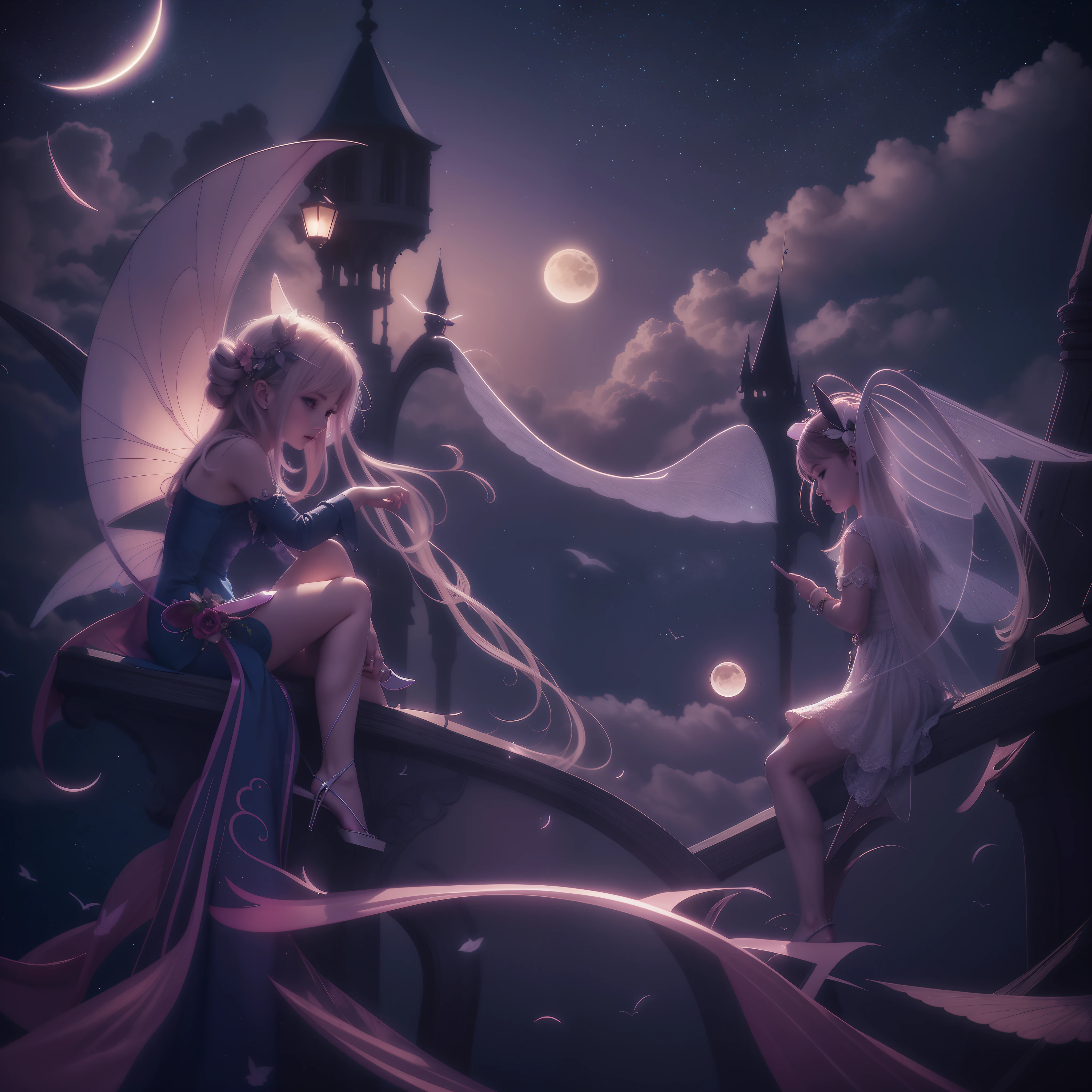 The fairy has a pair of wings,Sit in the glow of the crescent moon,Long coats fluttering,There is another partner next to it,dream colors,tmasterpiece,the detail,starryskybackground,Clouds,Light and shadow effects，film effect,Rich in color