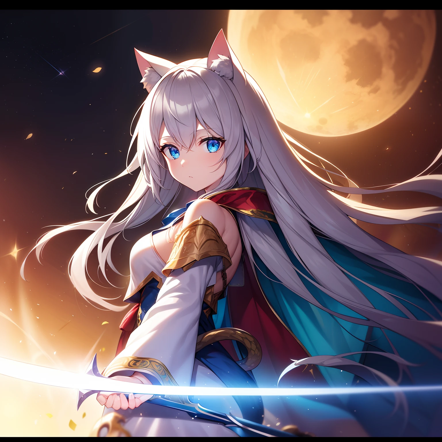 cat ear,hair is white and long,Wearing a gold helmet on his head, the skin is pale, The blade of light envelops me like a serpent in an interstellar wind, Highest Quality, Decoration of a war maiden with a blue cloak on her shoulders, She unleashes the sword of the brave, ((Strong)), 8 Blue Light Swords,Blade of Light,Lens Flare, Big rainbow,The moon shines,Star chips, bloom, ((light glow)), chromatic abberation], Digital Painting, Insane details, Intricate details, Beautifully color graded, Unreal Engine, Cinematic , colour grading, Editorial Photography , Photography, photo shot, Shot on 70mm lens, depth of fields, degrees of freedom, Tilt Blur, Shutter Speed 1/1000, H/22