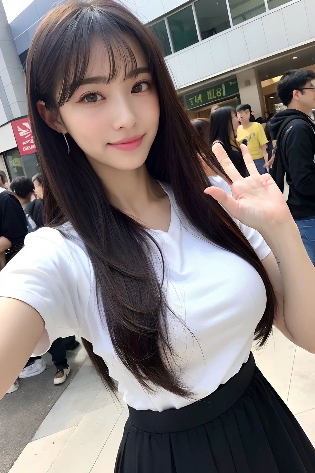 (8k、RAW Photography、top-quality、masuter piece:1.2)、ultra-detailliert、ultra res、(realisitic、rialistic photo:1.37)、portlate、high-definition RAW color photography、Professional Photography、highly detailed and beautiful、ighly detailed、8K wallpapers、amazing detailed、huge filesize、Official Art、Highly detailed CG Unity 8k wallpapers、highly detailed beautiful girl、extra detailed face、extremely detailed eye、highlydetailed skin、extremely detailed fingers、highly detailed nose、very detailed detailed mouth、Perfect Anatomy、highly detailed back ground、Highly detailed clothing、女の子 1 人、(18:1.2)、Teen、Cute little girl s、famous Japan idol、cute little、Realistic body、小柄、de pele branca、glistning skin、Slim body、handsome body、A dark-haired、Long straight hair、(Blunt bangs:1.2)、a smile、kawaii、zora々Right、kawaii faces、lifelike face、Delicat eyes、Sauce order、White T-shirt、skirt by the、耳Nipple Ring、Looking at the camera、cowboy shot、front facing、Standing、Contrapo, high street, public, crowd, 动态照明, very Bigger breasts,No bangs