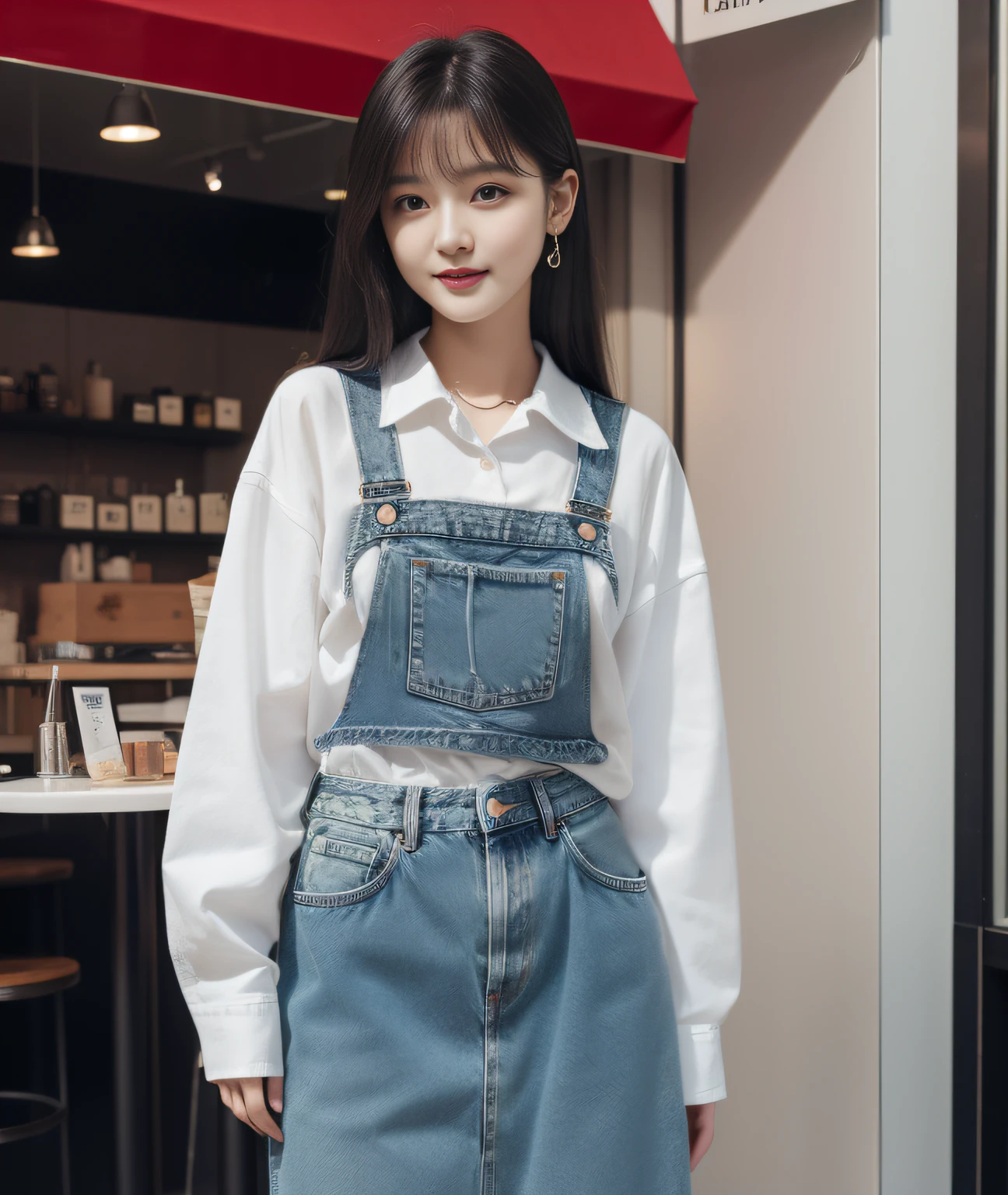 ((Best Quality, 8K, Masterpiece: 1.3)), a beauti, In addition, melon face, Friendly and cute, sweet smile, Pure desire, Slender body, (s whole body), (tilted head), ((looking at camera)), Medium Black Silky Straight Hair, Long flowing shoulders, round black big eyes, clear big eyes, moist red lips, Cafe shop background, ((full body shooting)), ( Oversized casual shirt, denim pants ), (full body shots)