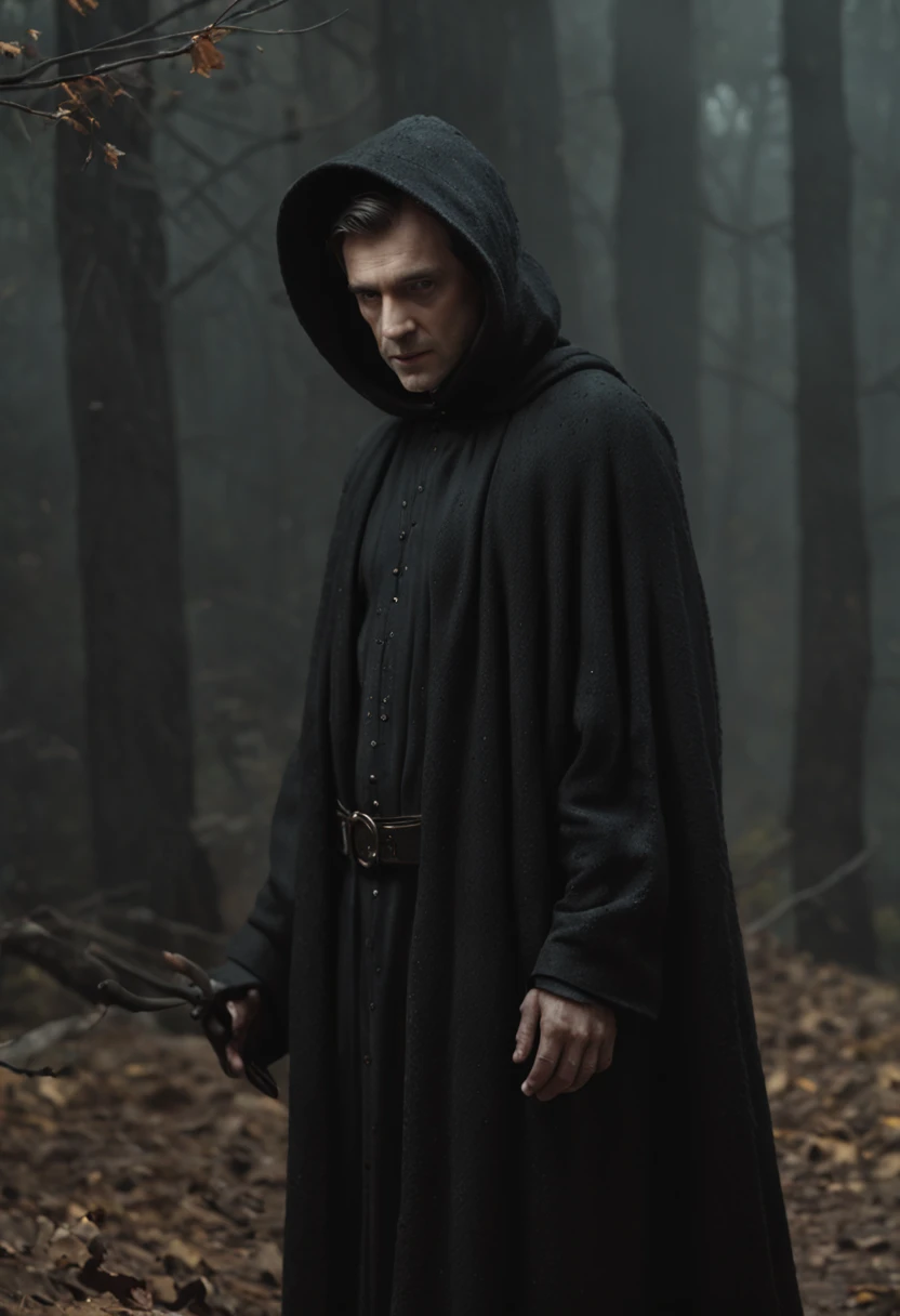 Homem com capa encapuzada no topo de uma montanha, vestido com um manto preto, wearing a flowing robe, vestindo um manto preto, Yuri Shwedoff e Tom Bagshaw, um manto preto, capa preta, elegant cinematic fantasy art, dark cinematic concept art, Arte de fantasia 4k, Capa escura, Arte de fantasia 8k, Camuflado