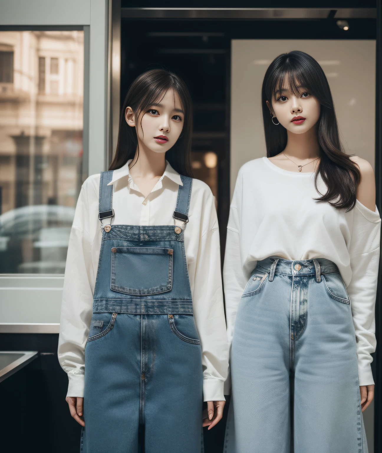 ((Best Quality, 8K, Masterpiece: 1.3)), a beauti, In addition, melon face, Friendly and cute, sweet smile, Pure desire, Slender body, (s whole body), (tilted head), ((looking at camera)), Medium Black Silky Straight Hair, Long flowing shoulders, round black big eyes, clear big eyes, moist red lips, Cafe shop background, ((full body shooting)), ( Oversized casual shirt, denim pants ), (full body shots)