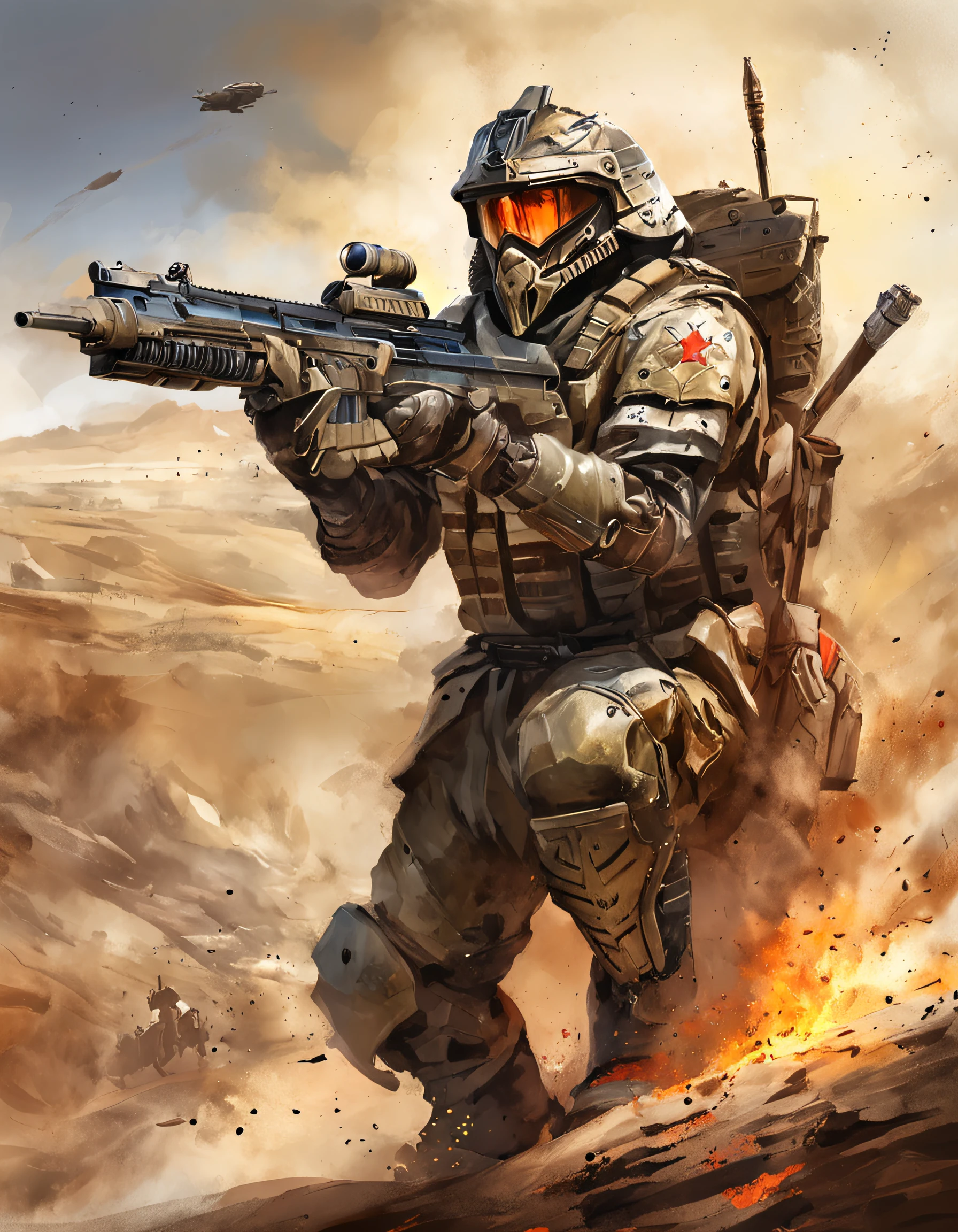 Future Battlefield,Alien Civilization War,Gunsmoke fills,A small mound,A red flag is planted on it,A soldier in armor,full armour,The background is the army of the SA,The picture is stunning,Magnificent,Magnificent,in the style of futuristic