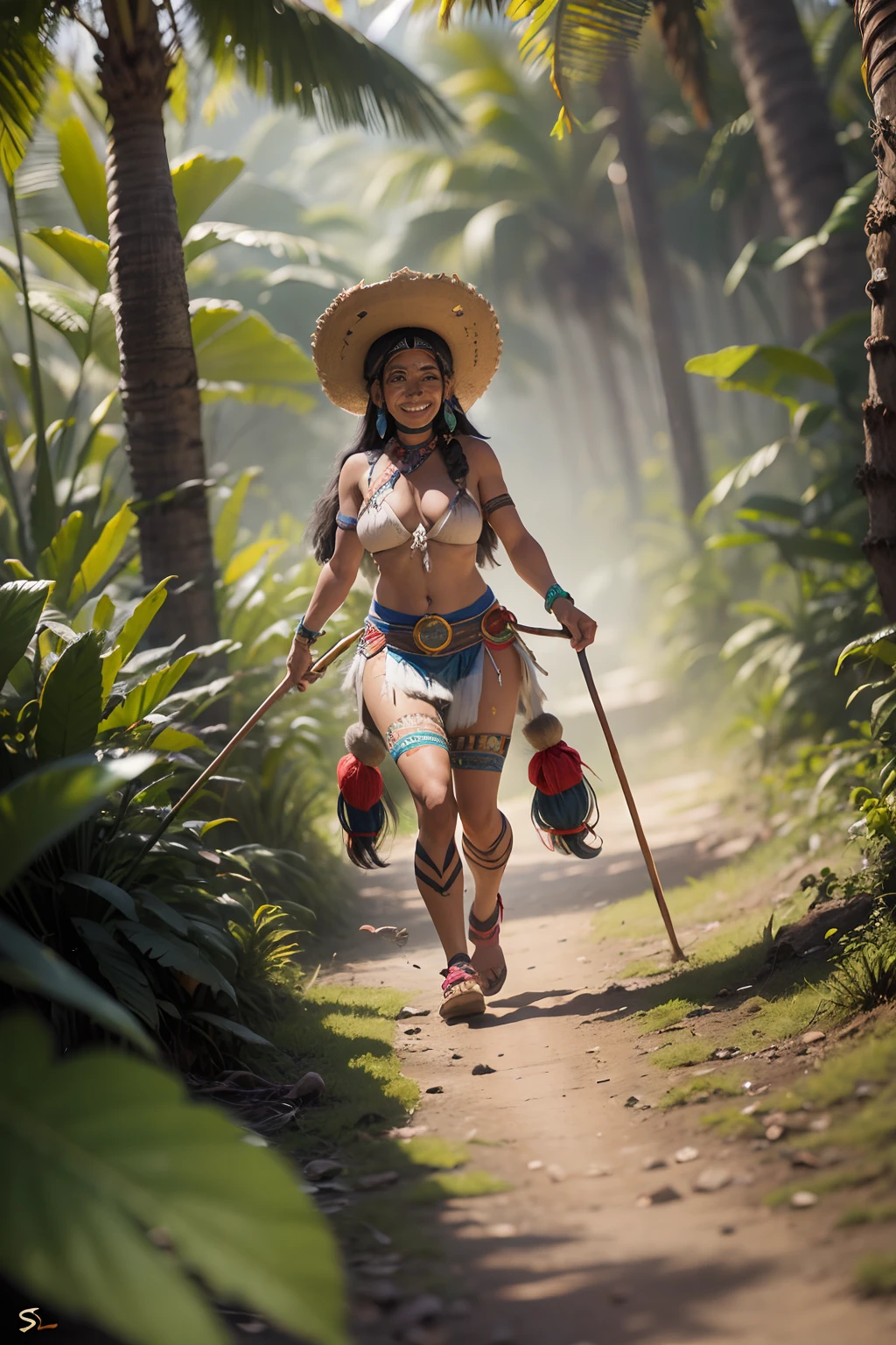 amazona, indigena, Brasil , atada a una horca sonriendo y despidiendose de todos --auto --s2
