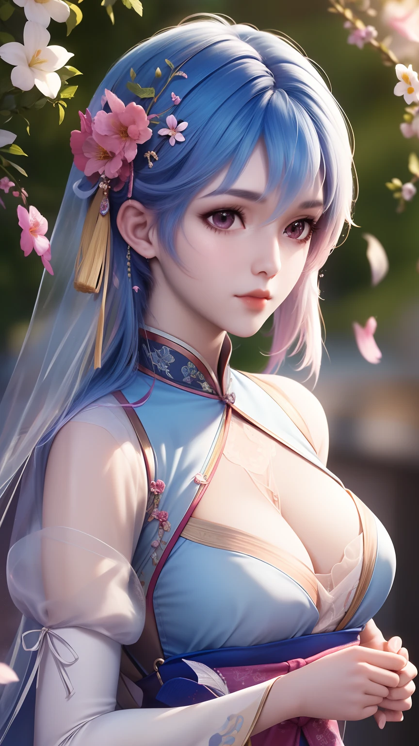 (Girl), Lace, Ribbon, Hanfu, (Masterpiece, Side Light, Delicate and Pretty), Masterpiece, Realistic, Glowing Eyes, Sparkling Hair, Shiny Skin, Celimecy, Bare Shoulder, Delicate, Beautiful, Garden, Flowers, Fluttering Petals