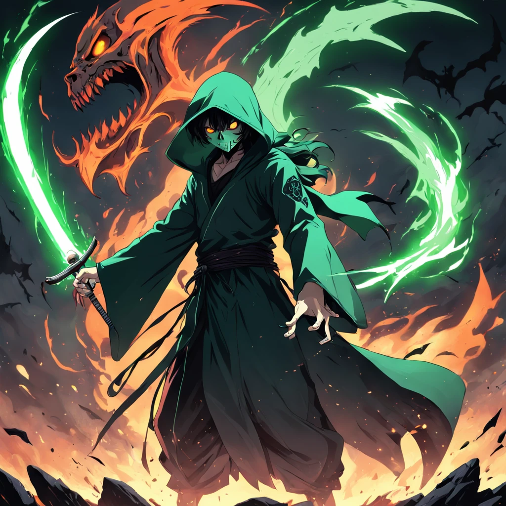 Create an exciting poster where two Grim Reaper fight furiously.Theme colors are green and black. When he unleashes anger on the enemy、Capture the essence of his fiery determination and fortitude. shorten, ousado, And is intense to convey the raw power of the Grim Reaper's wrath