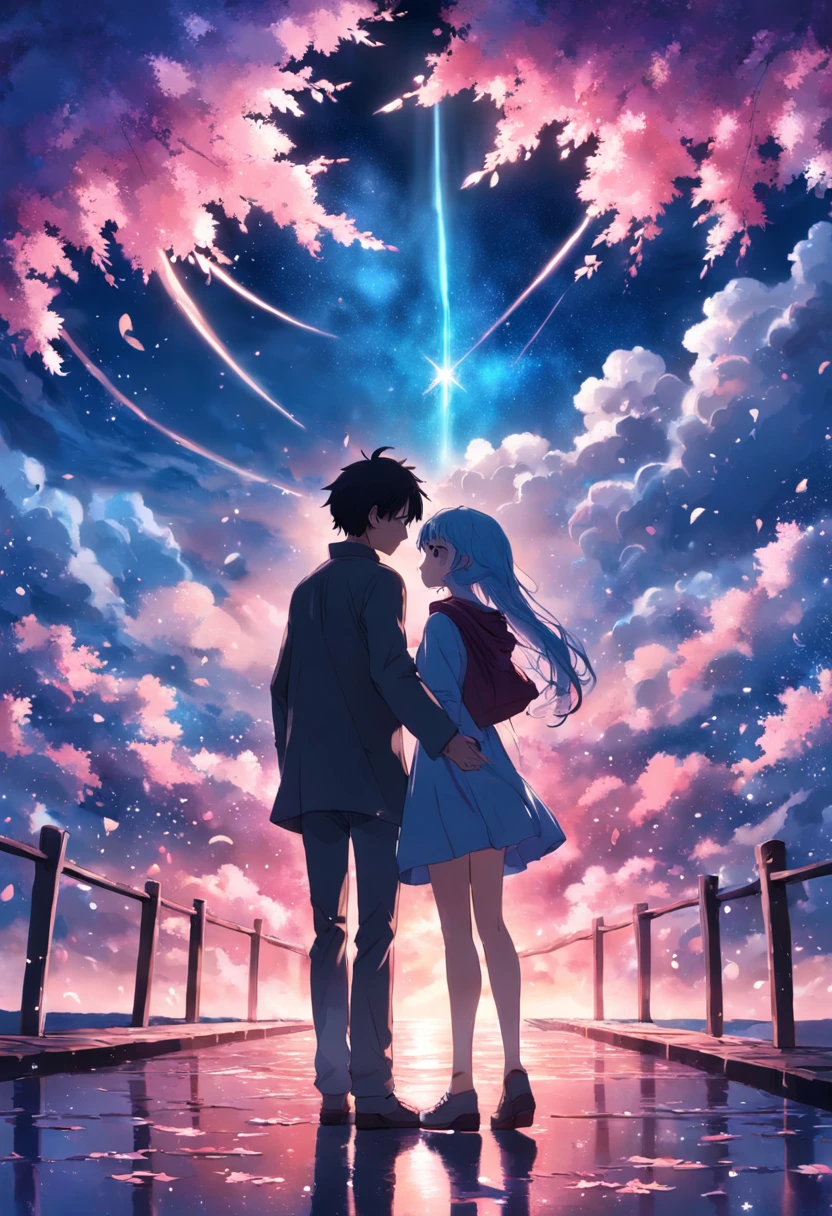 dream colors,tmasterpiece,the detail,starryskybackground,Clouds,Light and shadow effects,film effect,Rich in color,A couple,In kissing,Petals rained down,Full moon night
