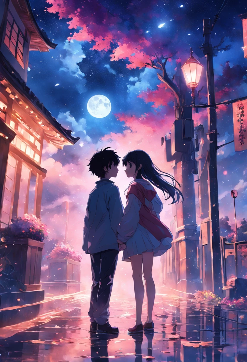 dream colors,tmasterpiece,the detail,starryskybackground,Clouds,Light and shadow effects，film effect,Rich in color，A couple，In kissing，Petals rained down，Full moon night