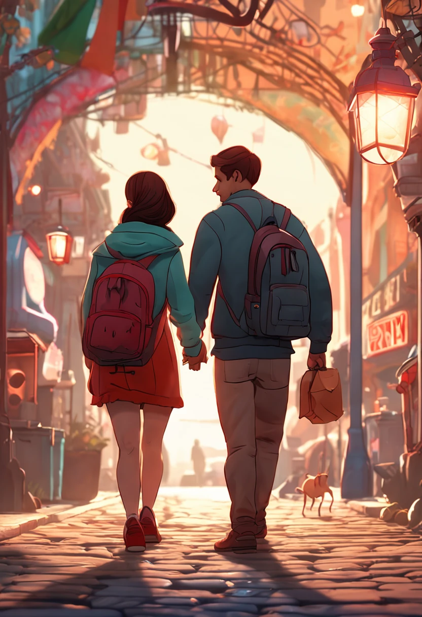 Style couple holding hands, Lantern，red string， College student clothing，Ordinary looking,  Incredibly high detail, Pixar style, Bright colors, Natural light, Simple background in solid color, 5 and octane rendering, Popular on artstation, Gorgeous, ultra-wide-angle, 8K, HD realistic, 8K HD is realistic