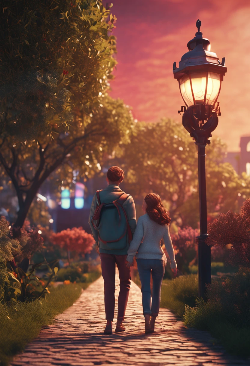 Style couple holding hands, Lantern，red string， College student clothing，Ordinary looking,  Incredibly high detail, Pixar style, Bright colors, Natural light, Simple background in solid color, 5 and octane rendering, Popular on artstation, Gorgeous, ultra-wide-angle, 8K, HD realistic, 8K HD is realistic