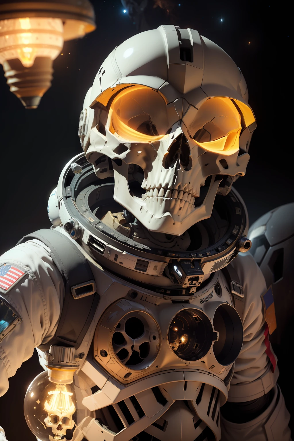 able, an astronaut skeleton, skull in a closed helmet made of tinted dirty broken glass with reflection on the glass, steam and smoke close-up, clover leaves and a spider on it, science fiction dystopia - the flag of Russia, very detailed, high contrast, digital glitch art, white/blue/black") very detailed, saturated color