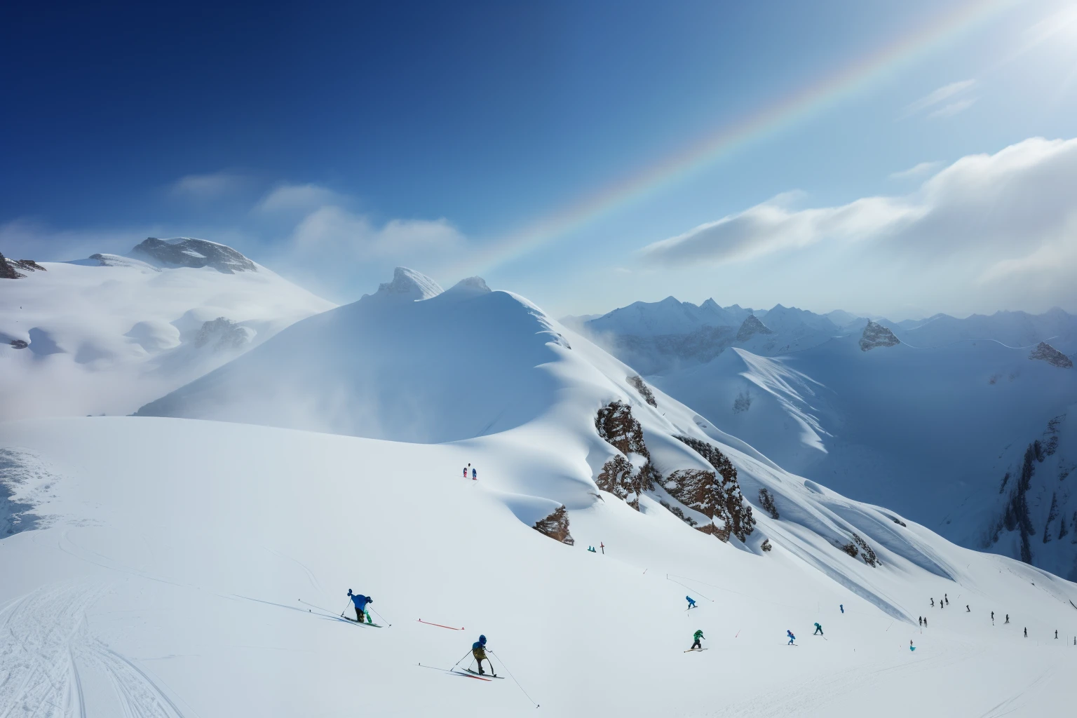 Skiers on snowy mountains，The background is blue sky, majestic snowy mountains, snowy mountain landscape, Snowy mountain background, Snowy mountains, in the snow mountains, snow mountains, snow capped mountains, Amazing skiing, mountain snow, with a snowy mountain and ice, snowy craggy sharp mountains, Amazing skis, Snow-covered peaks, High hills, beautiful snowy landscape