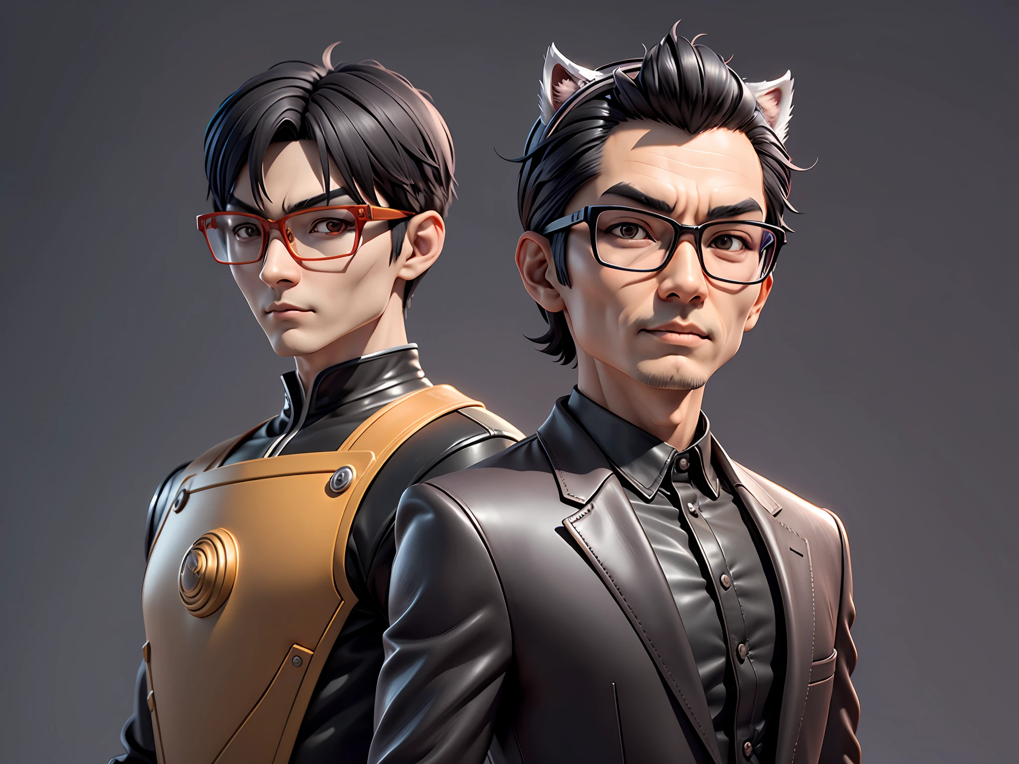 Young man with oriental face in leather hat, tiger, oriental face in formal suit, short black hair, silver glasses, digital painting, 3D character design by Mark Clairedon and Pixar and Hayao Miyazaki and Akira Toriyama, the illustration is a high-definition illustration in 4K resolution with very detailed facial features and cartoon-style visuals.