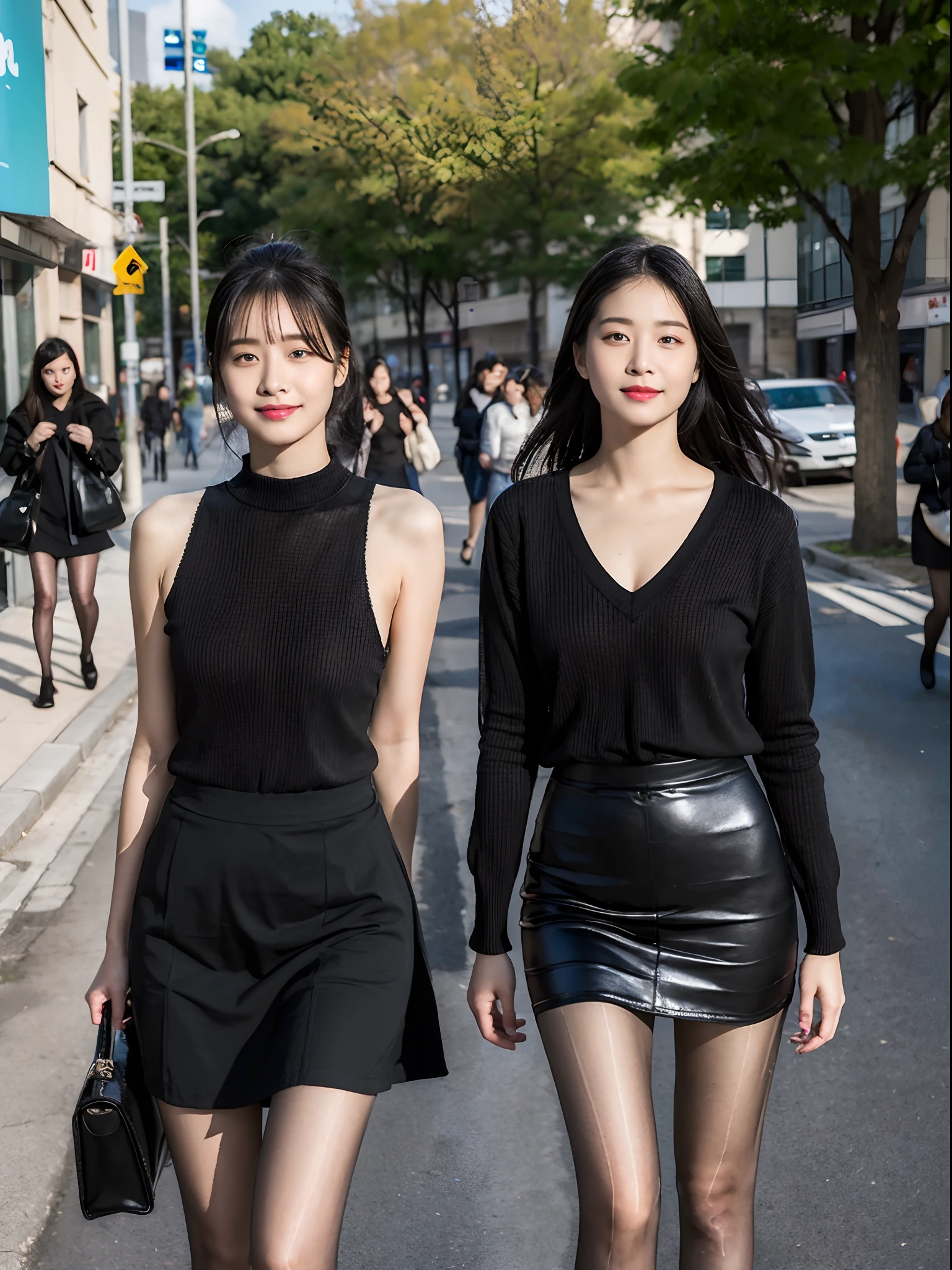,(RAW photo:1.2), (Photorealistic:1.4),Beautiful Meticulous Girl, very detailed eyes and faces, Beautiful detailed eyes, ultra - detailed, A high resolution, The is very detailed，best qualtiy，illustratio，unified，8k 壁纸，tmasterpiece，best qualtiy，Street 1 girl，Hosiery，shift dresses，Fashionab，a skirt，solo person，exteriors，long whitr hair，shift dresses，high-heels，looking at viewert，are standing，full bodyesbian，Black tights，a black skirt
