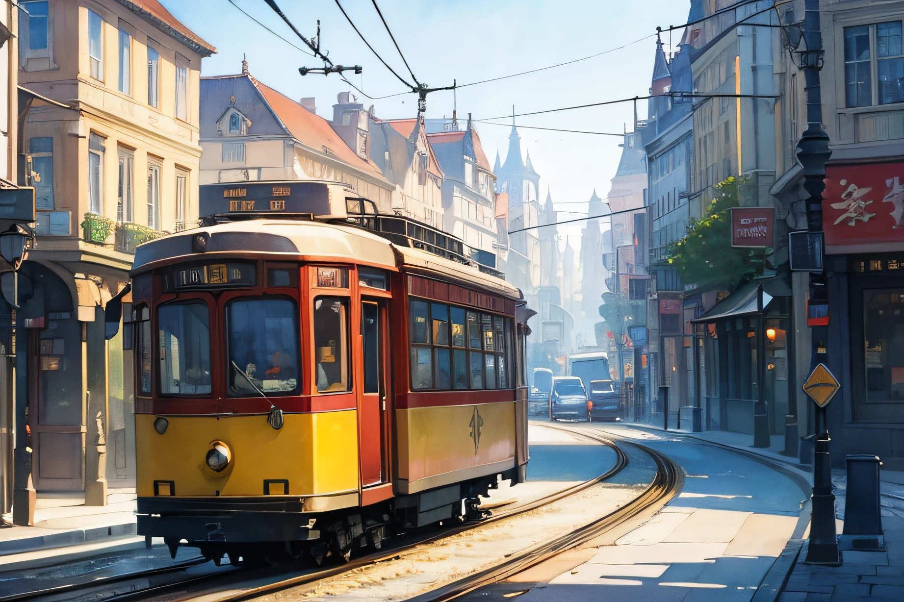 top-quality、Depicted in detail、tram、european townscape、watercolor paiting、