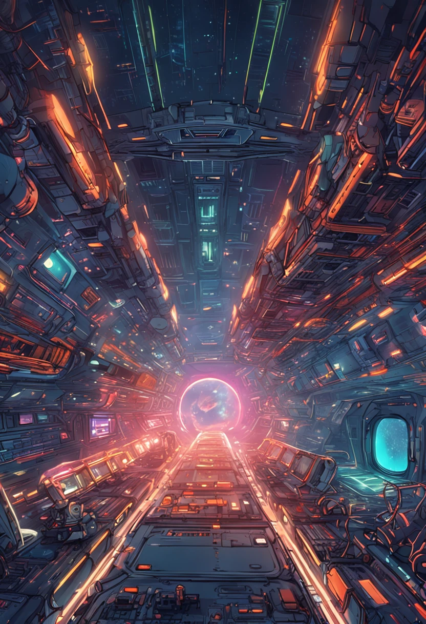 (space art),(High-angle view:1.2), in space, A large aircraft carrier , Beneath the spaceship is space，The cyberpunk, Dreamy glow, Shining neon lamps,