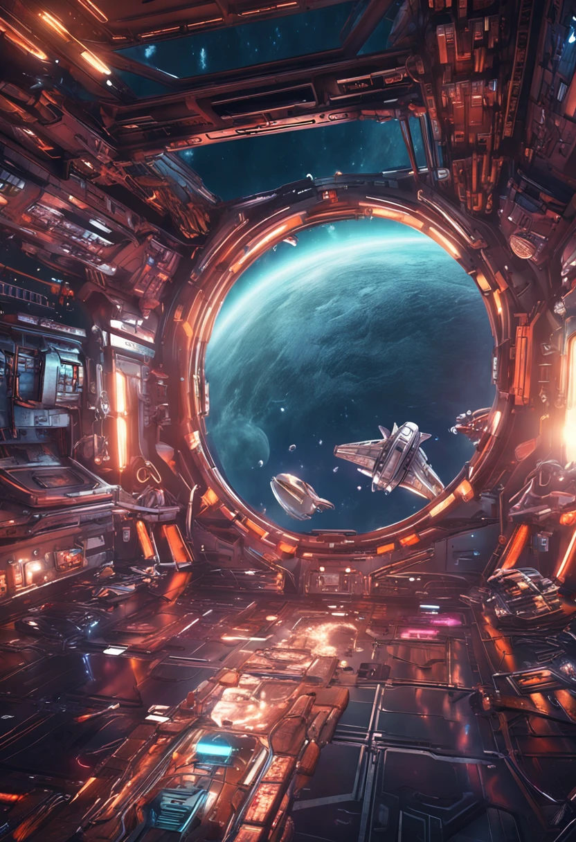 (space art),(High-angle view:1.2), in space, A large aircraft carrier , Beneath the spaceship is space，The cyberpunk, Dreamy glow, Shining neon lamps,