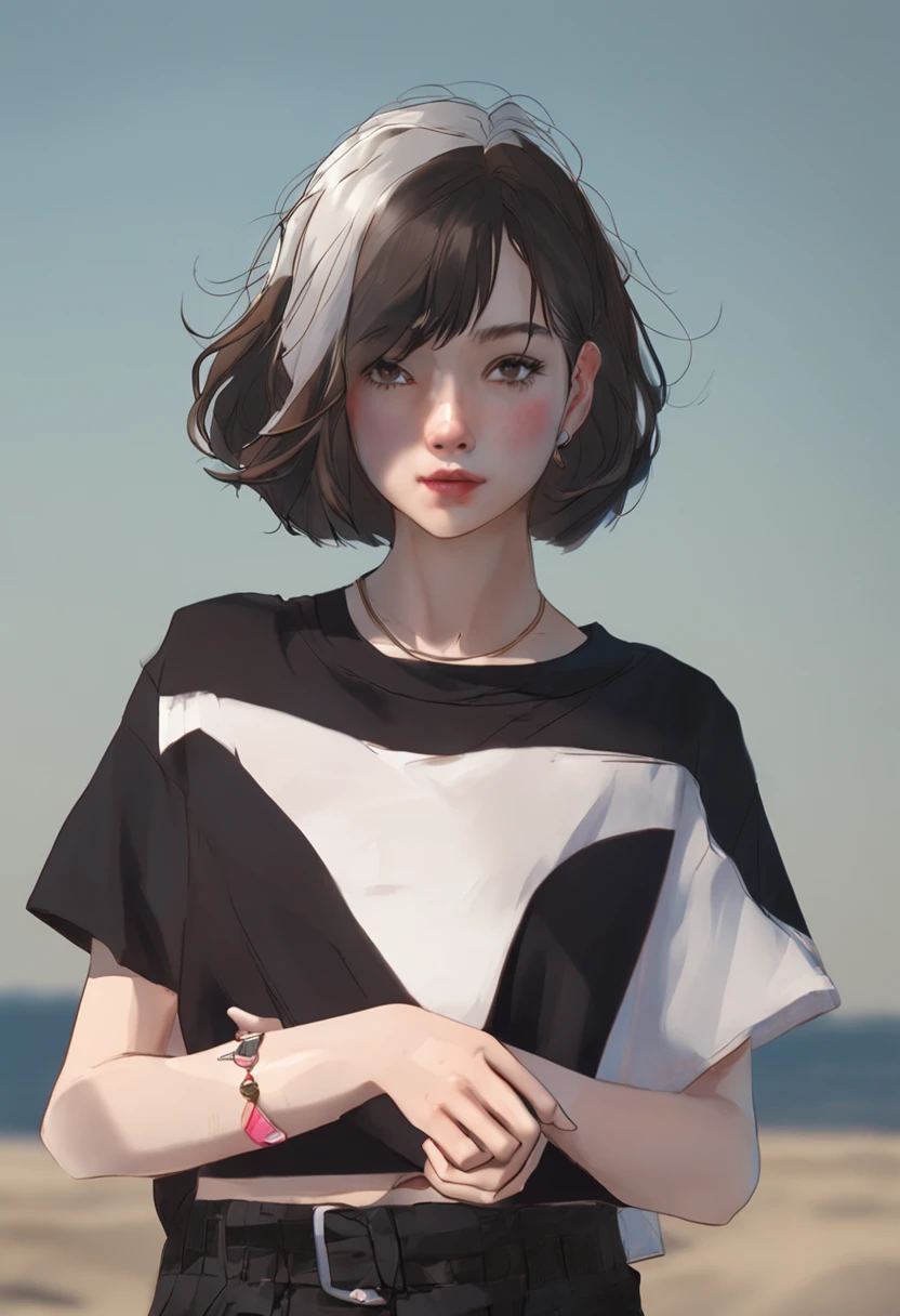 Women with short hair,wears glasses,shoulder-length haircut,black color hair,white short sleeve,young 17 years old