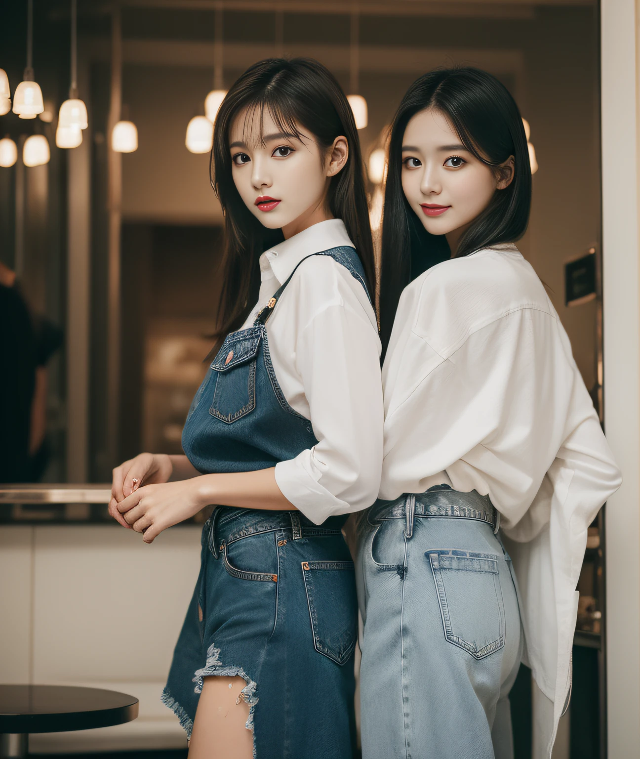 ((best quality, 8K, masterpiece :1.3)), Clear focus :1.2, Female twins with perfect bodies on the street，Dark brown hair, (White Tight Tee, Overalls Jeans), (City night scene), Highly detailed face and skin textures, delicate eyes, Double eyelids