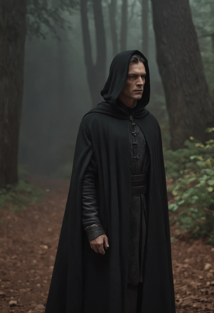 Homem com capa encapuzada no topo de uma montanha, vestido com um manto preto, wearing a flowing robe, vestindo um manto preto, Yuri Shwedoff e Tom Bagshaw, um manto preto, capa preta, elegant cinematic fantasy art, dark cinematic concept art, Arte de fantasia 4k, Capa escura, Arte de fantasia 8k, camuflado