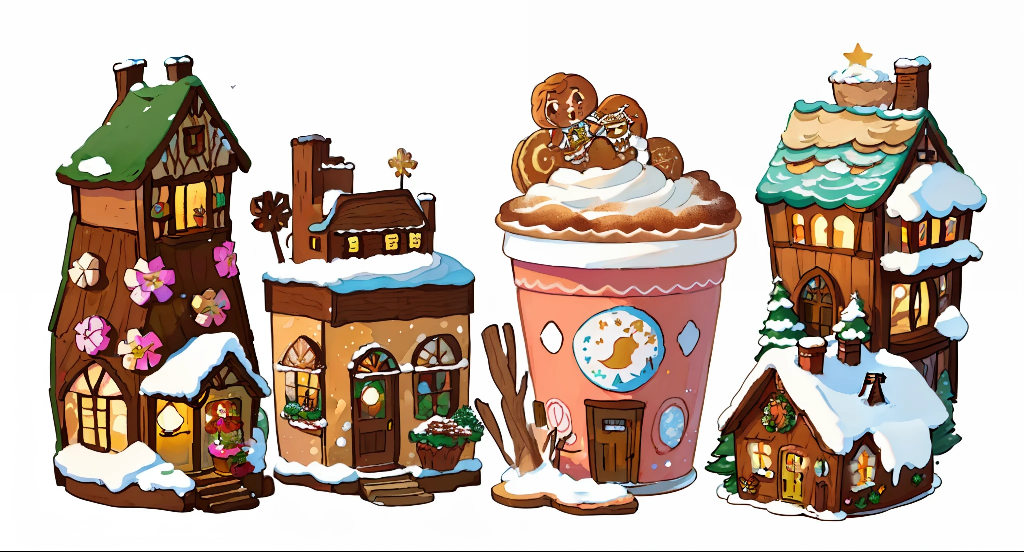 There were three cups of coffee and different types of biscuits, Gingerbread Candy Village, delicacy, author:Jeka Kemp, Gingerbread Man, illustrated in whimsical style, seasons!! : 🌸 ☀ 🍂 ❄, author:Judith Brown, illustrated!!, illustration!, 🪔 🎨;🌞🌄, warm, cute illustration, illustratio, author:Dora Kreshters